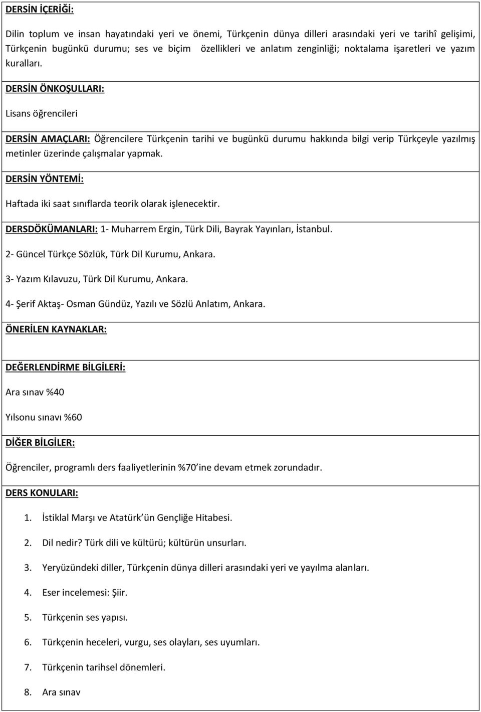 DERSİN ÖNKOŞULLARI: Lisans öğrencileri DERSİN AMAÇLARI: Öğrencilere Türkçenin tarihi ve bugünkü durumu hakkında bilgi verip Türkçeyle yazılmış metinler üzerinde çalışmalar yapmak.