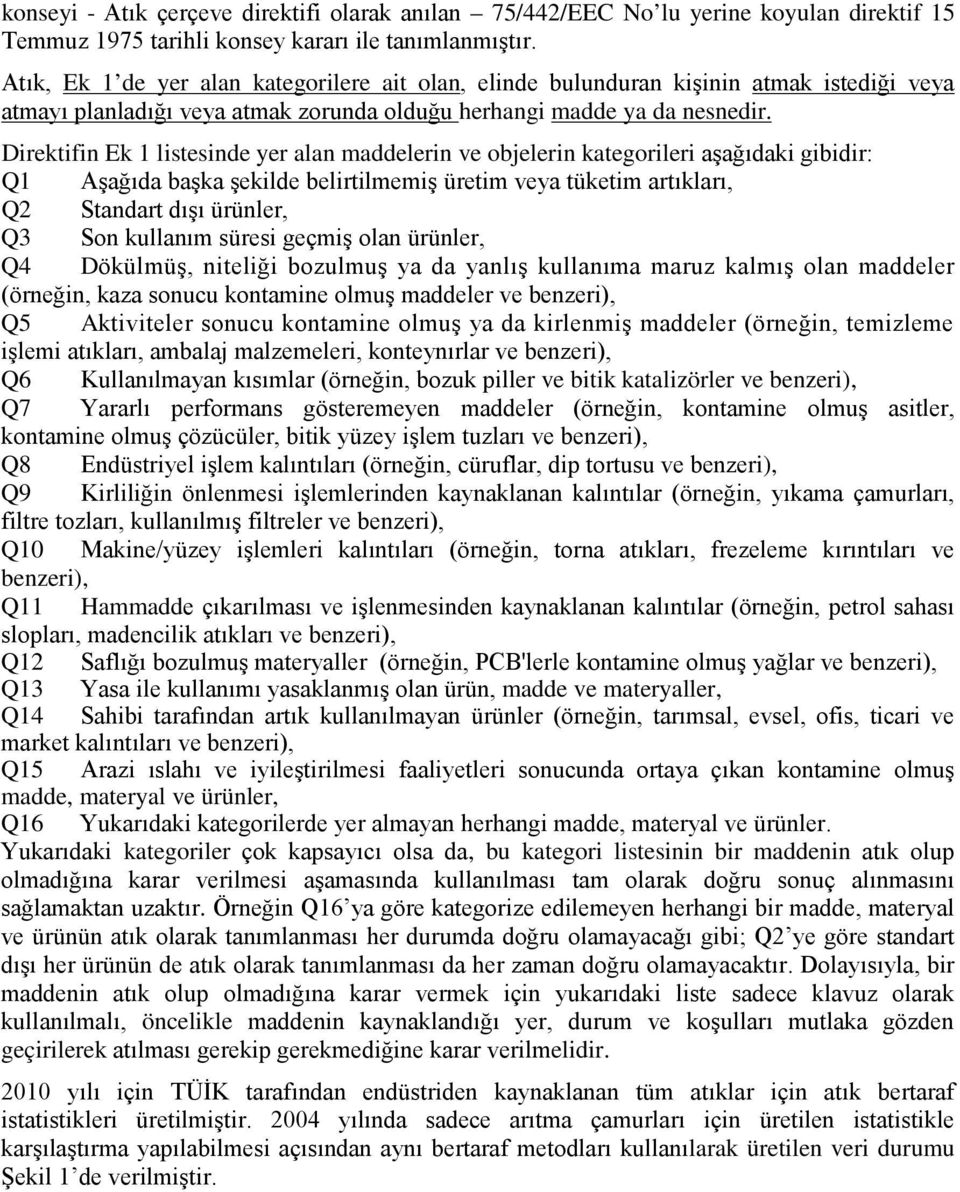 Direktifin Ek 1 listesinde yer alan maddelerin ve objelerin kategorileri aşağıdaki gibidir: Q1 Aşağıda başka şekilde belirtilmemiş üretim veya tüketim artıkları, Q2 Standart dışı ürünler, Q3 Son