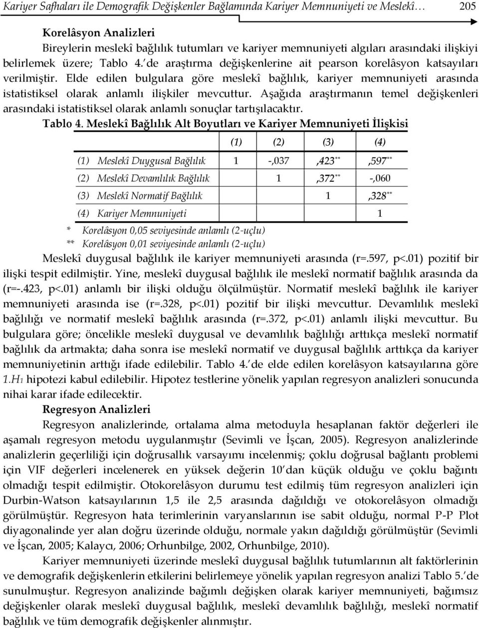 Elde edilen bulgulara göre meslekî bağlılık, kariyer memnuniyeti arasında istatistiksel olarak anlamlı ilişkiler mevcuttur.