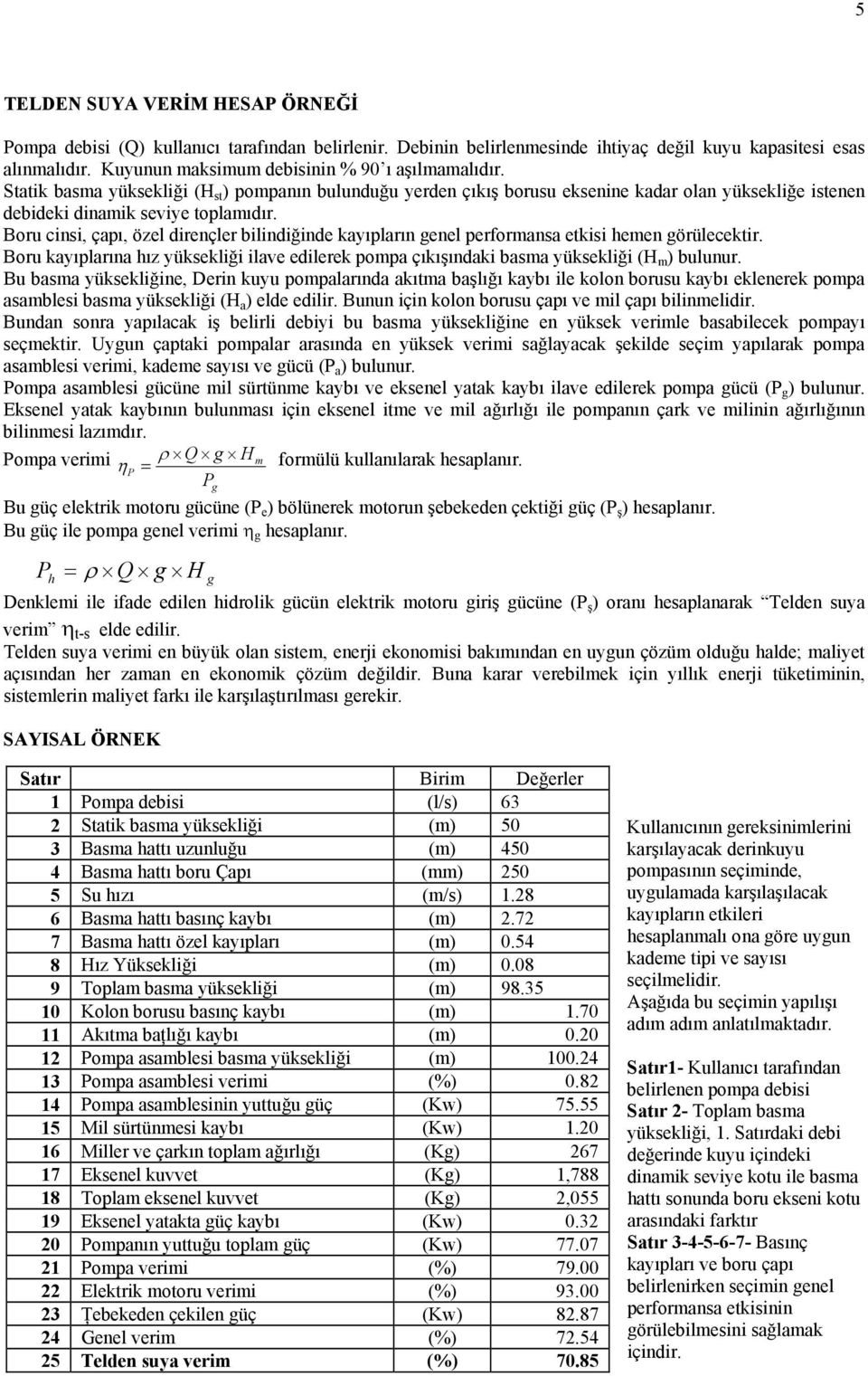 Boru cinsi, çapı, özel dirençler bilindiğinde kayıpların genel performansa etkisi hemen görülecektir. Boru kayıplarına hız yüksekliği ilave edilerek pompa çıkışındaki basma yüksekliği (H m ) bulunur.