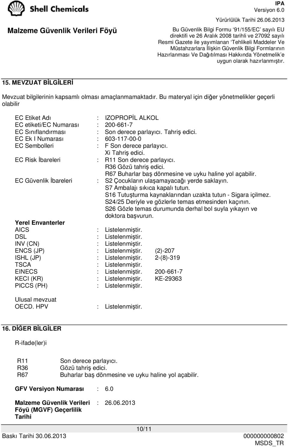 EC Ek I Numarası : 603-117-00-0 EC Sembolleri : F Son derece parlayıcı. Xi Tahriş edici. EC Risk İbareleri : R11 Son derece parlayıcı. R36 Gözü tahriş edici.