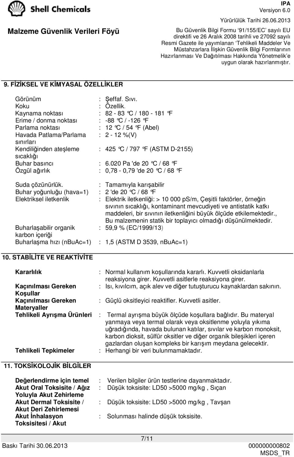 (ASTM D-2155) sıcaklığı Buhar basıncı : 6.020 Pa 'de 20 C / 68 F Özgül ağırlık : 0,78-0,79 'de 20 C / 68 F Suda çözünürlük.