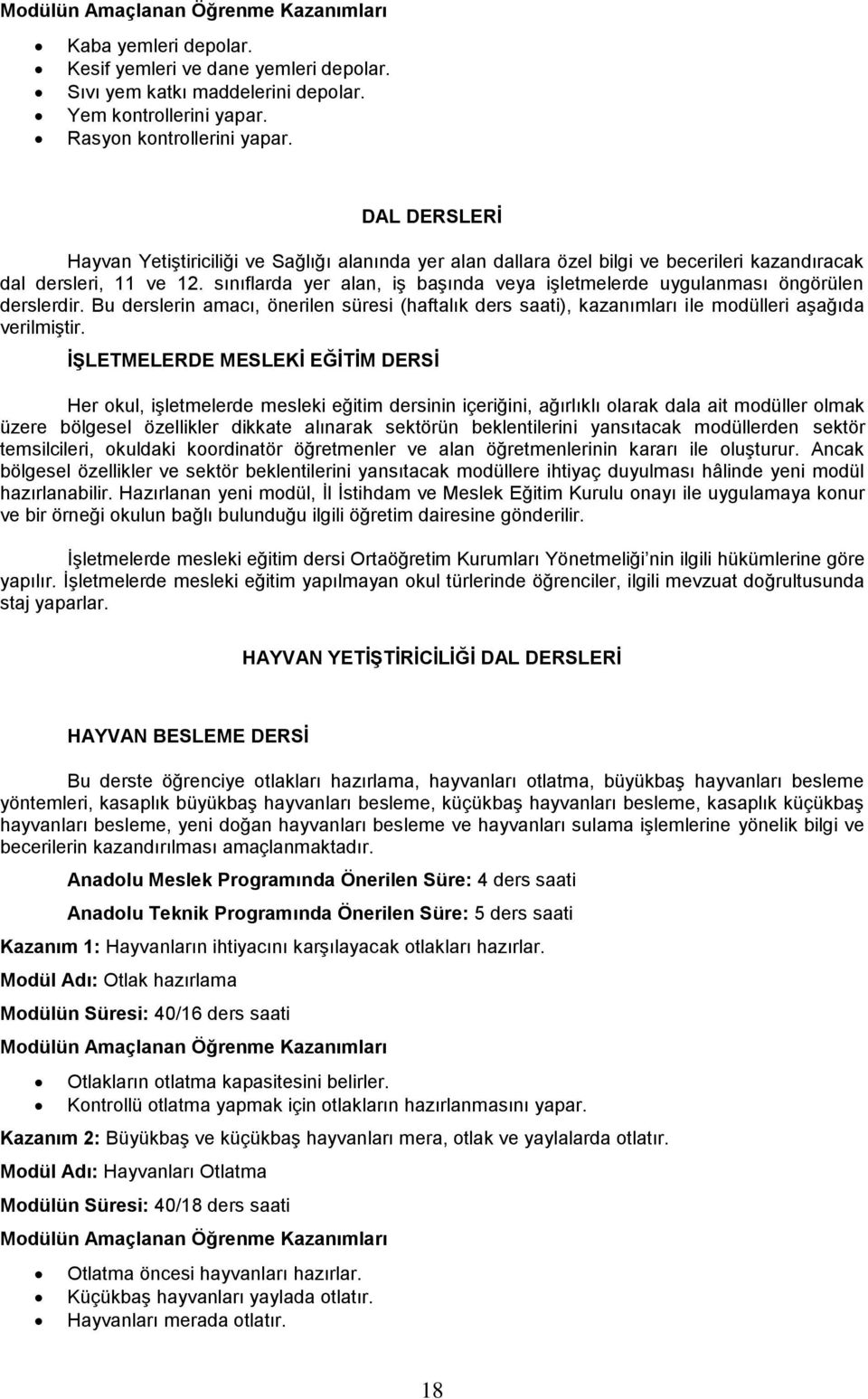 sınıflarda yer alan, iş başında veya işletmelerde uygulanması öngörülen derslerdir. Bu derslerin amacı, önerilen süresi (haftalık ders saati), kazanımları ile modülleri aşağıda verilmiştir.