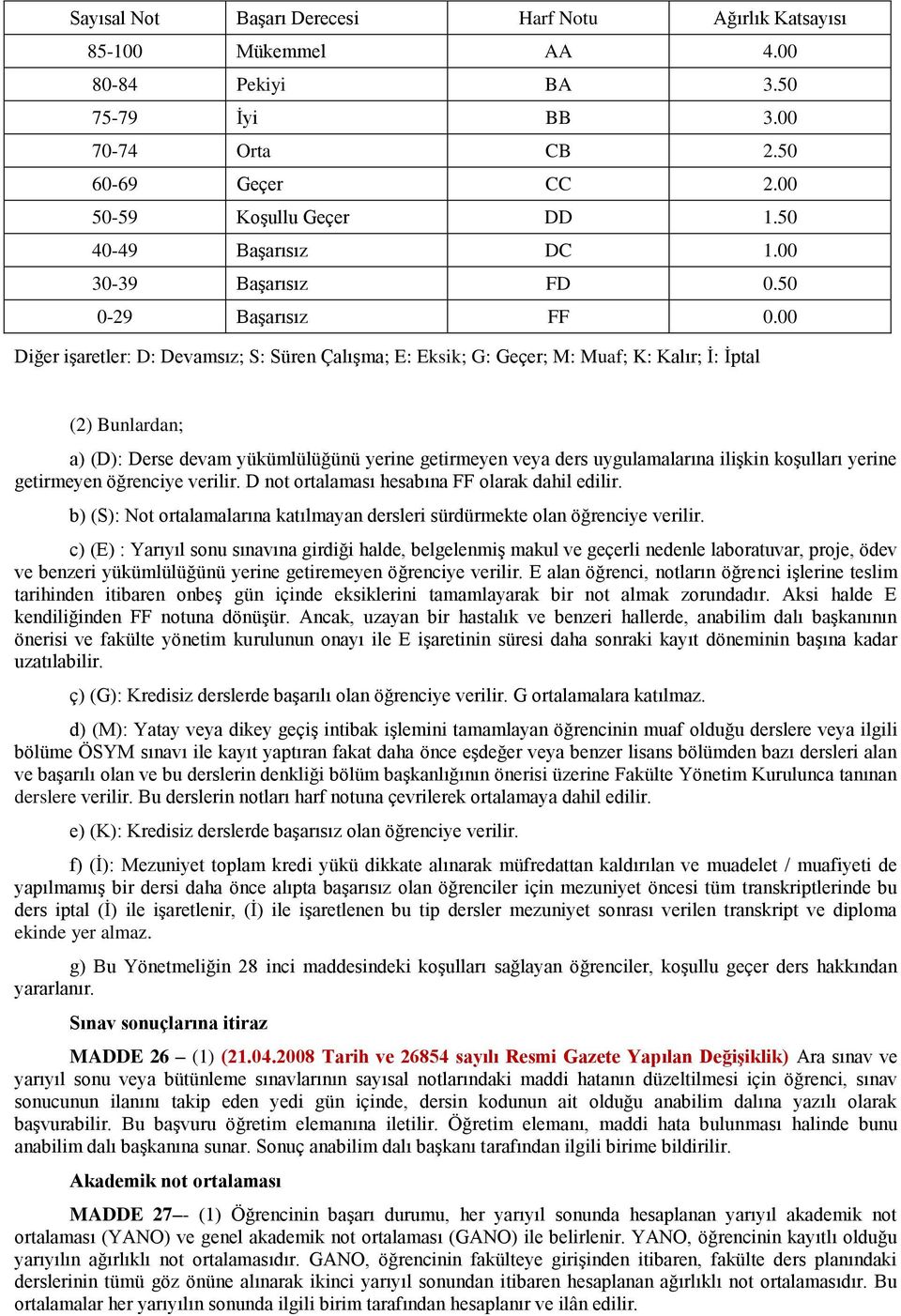 00 Diğer işaretler: D: Devamsız; S: Süren Çalışma; E: Eksik; G: Geçer; M: Muaf; K: Kalır; İ: İptal (2) Bunlardan; a) (D): Derse devam yükümlülüğünü yerine getirmeyen veya ders uygulamalarına ilişkin