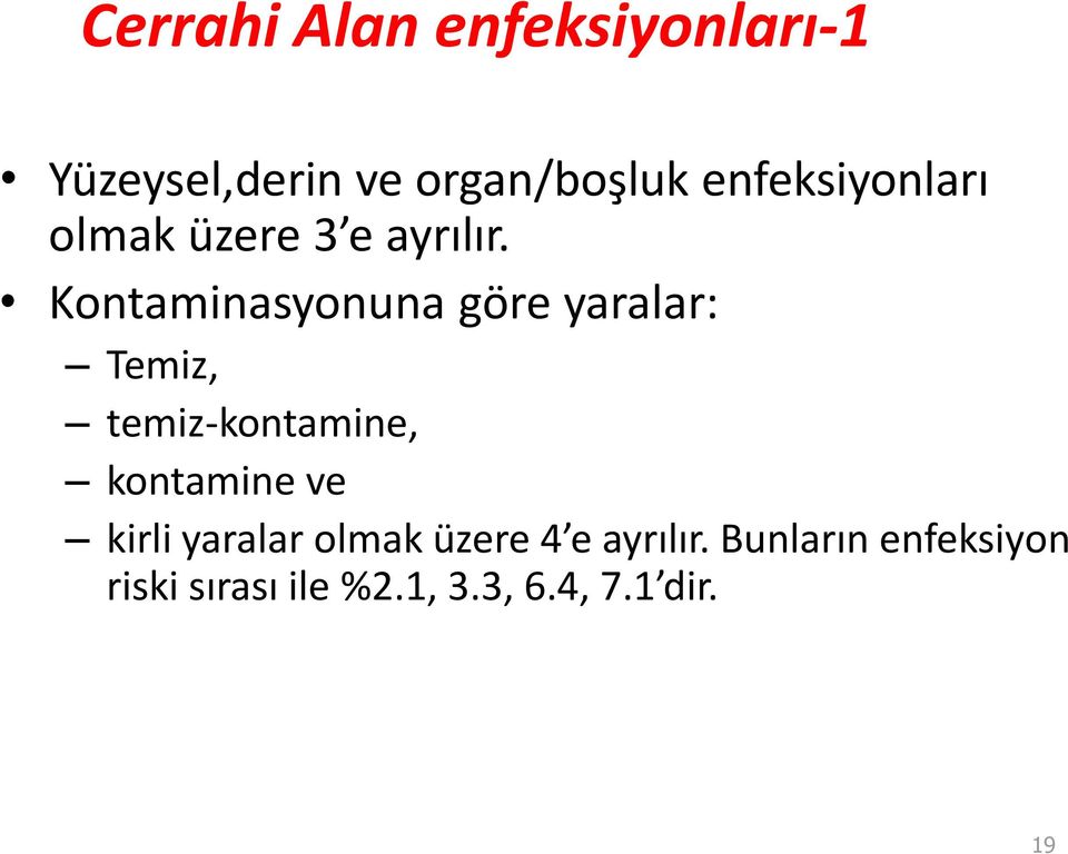 Kontaminasyonuna göre yaralar: Temiz, temiz-kontamine, kontamine ve