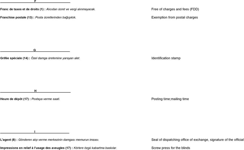 Identification stamp H Heure de dépôt (17) : Postaya verme saati.