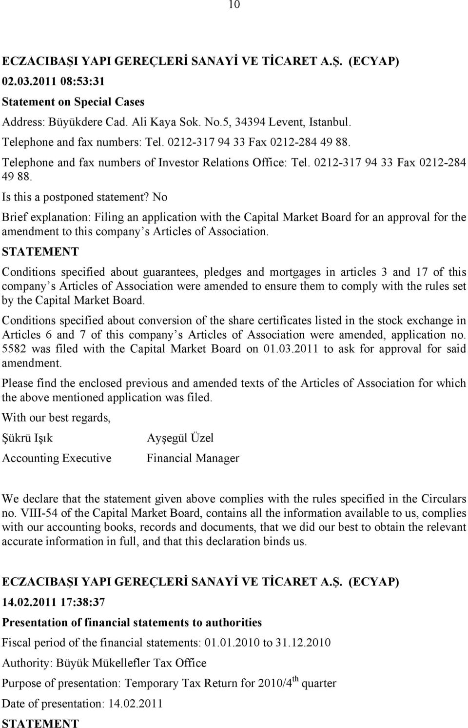 Conditions specified about guarantees, pledges and mortgages in articles 3 and 17 of this company s Articles of Association were amended to ensure them to comply with the rules set by the Capital