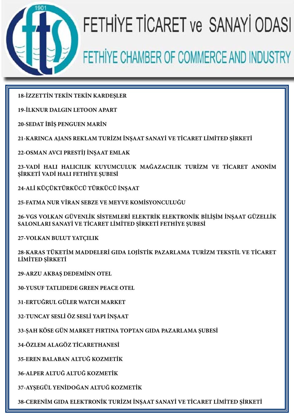 VOLKAN GÜVENLİK SİSTEMLERİ ELEKTRİK ELEKTRONİK BİLİŞİM İNŞAAT GÜZELLİK SALONLARI SANAYİ VE TİCARET LİMİTED ŞİRKETİ FETHİYE ŞUBESİ 27-VOLKAN BULUT YATÇILIK 28-KARAS TÜKETİM MADDELERİ GIDA LOJİSTİK