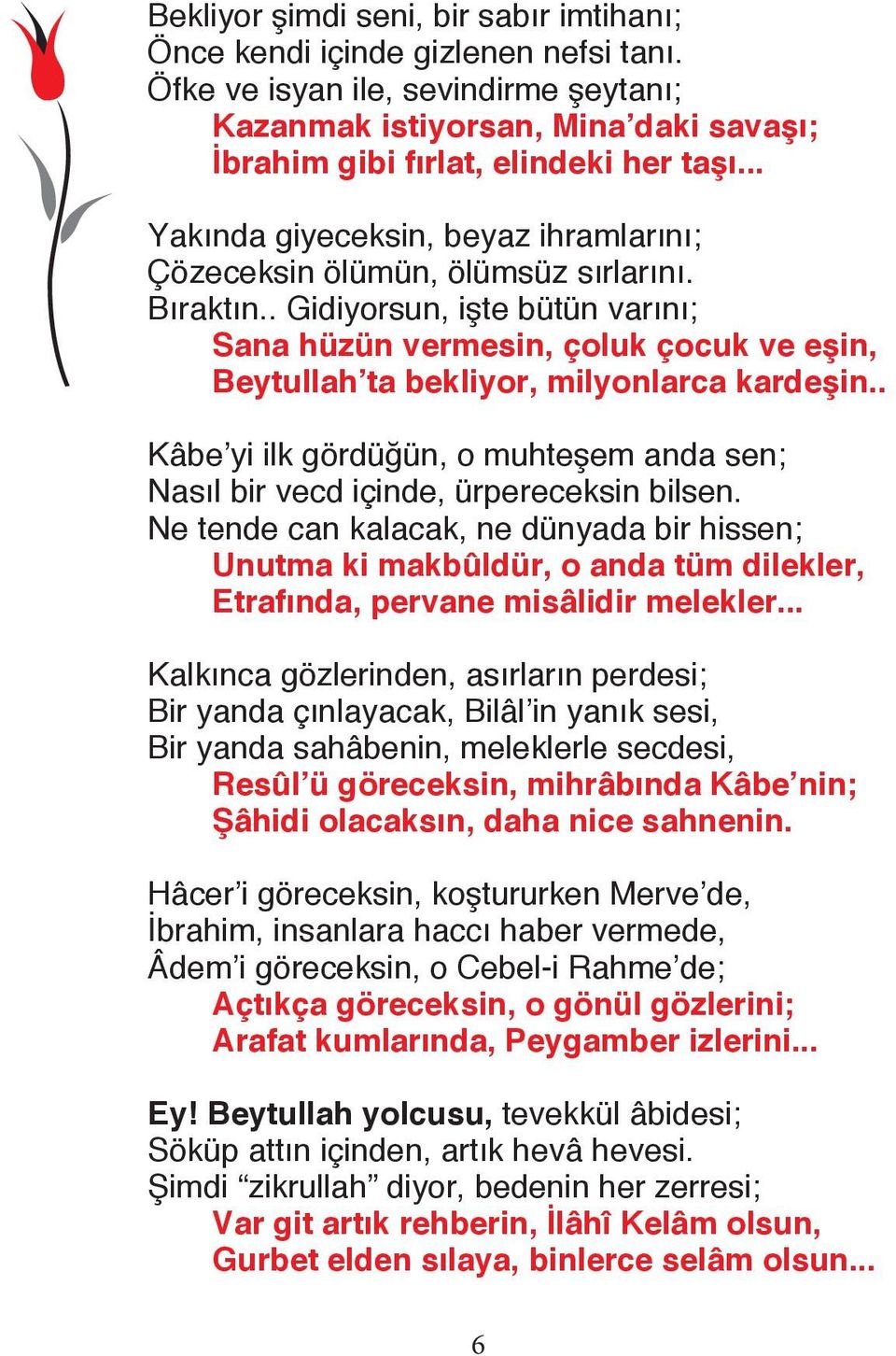 . Gidiyorsun, işte bütün varını; Sana hüzün vermesin, çoluk çocuk ve eşin, Beytullah ta bekliyor, milyonlarca kardeşin.