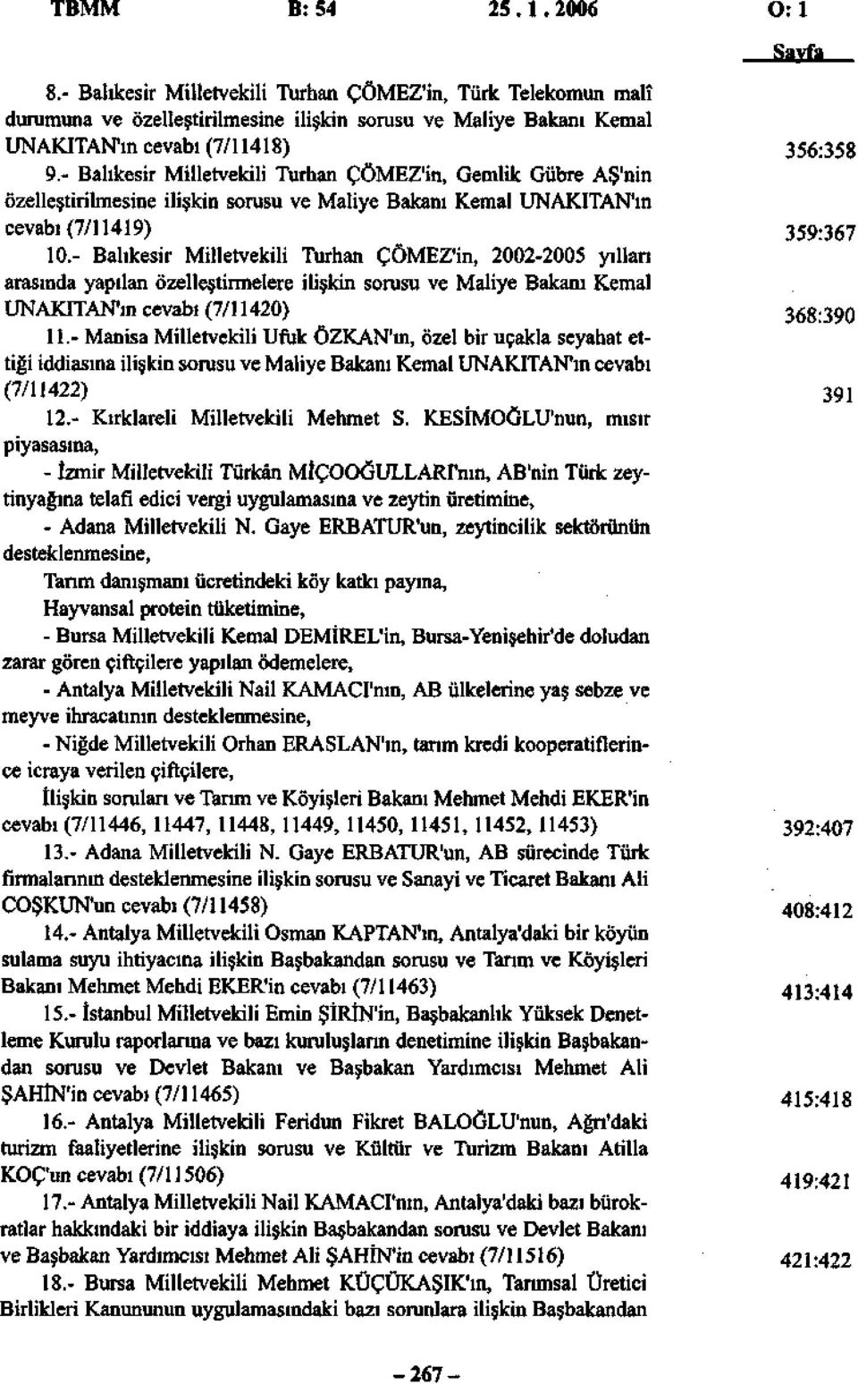 - Balıkesir Milletvekili Turhan ÇÖMEZ'in, 22-25 yılları arasında yapılan özelleştirmelere ilişkin sorusu ve Maliye Bakanı Kemal UNAKITAN'ın cevabı (7/1142) 368:39 11.