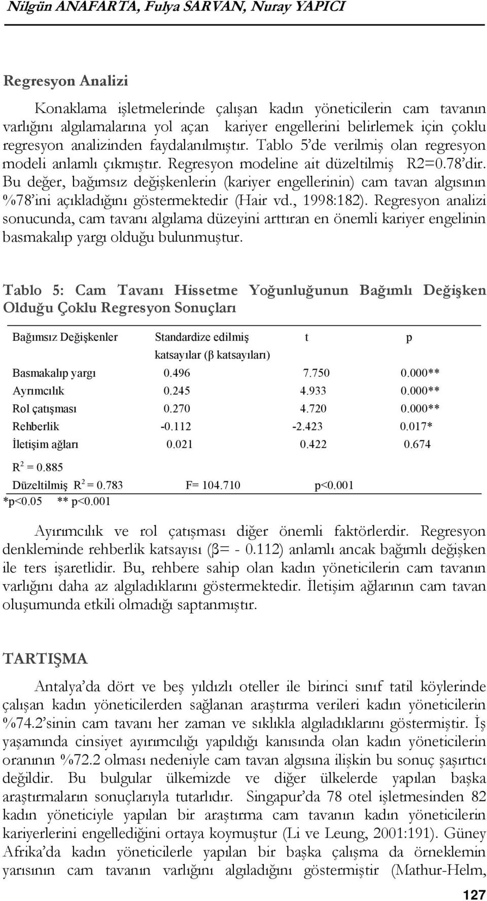 Bu değer, bağımsız değişkenlerin (kariyer engellerinin) cam tavan algısının %78 ini açıkladığını göstermektedir (Hair vd., 1998:182).