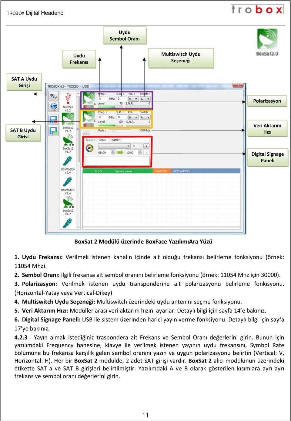 Sembol Oranı: İlgili frekansa ait sembol oranını belirleme fonksiyonu (örnek: 11054 Mhz için 30000). 3. Polarizasyon: Verilmek istenen uydu transponderine ait polarizasyonu belirleme fonkisyonu.