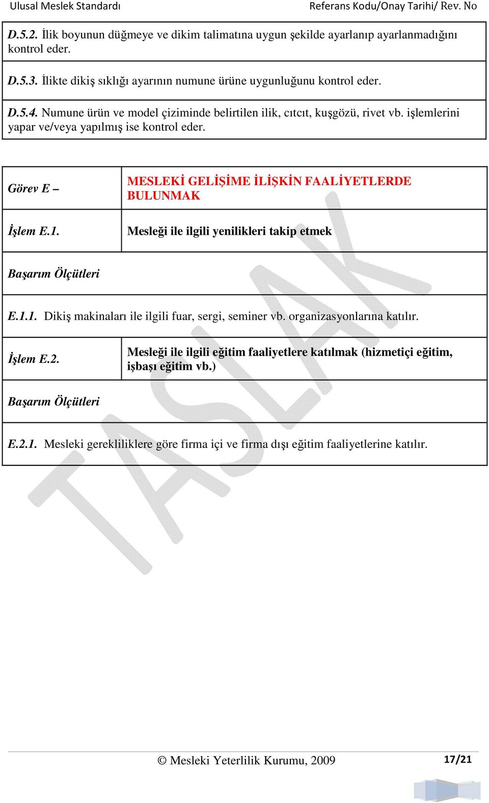 MESLEKĐ GELĐŞĐME ĐLĐŞKĐN FAALĐYETLERDE BULUNMAK Mesleği ile ilgili yenilikleri takip etmek E.1.1. Dikiş makinaları ile ilgili fuar, sergi, seminer vb. organizasyonlarına katılır.