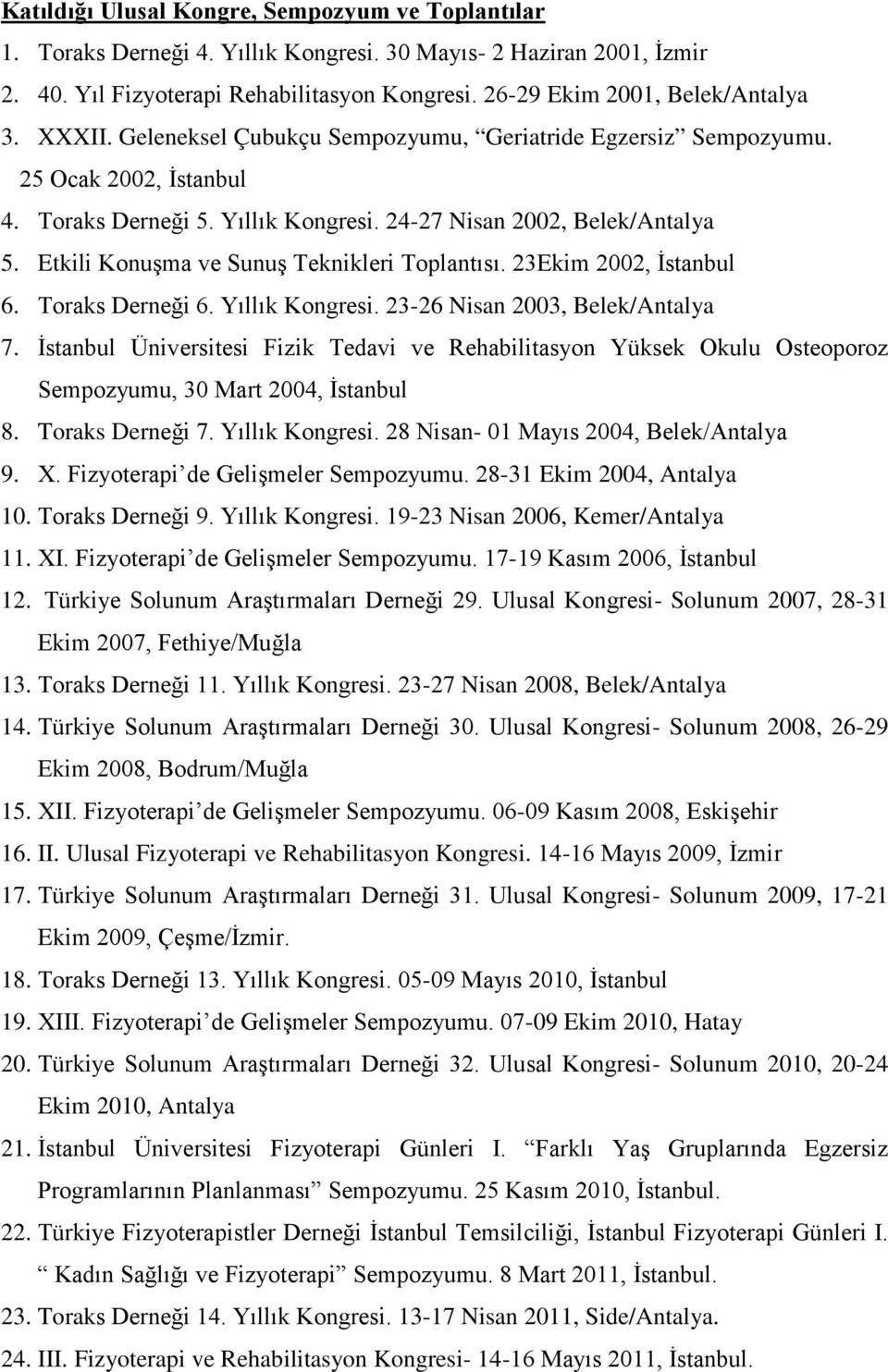 Etkili Konuşma ve Sunuş Teknikleri Toplantısı. 23Ekim 2002, İstanbul 6. Toraks Derneği 6. Yıllık Kongresi. 23-26 Nisan 2003, Belek/Antalya 7.