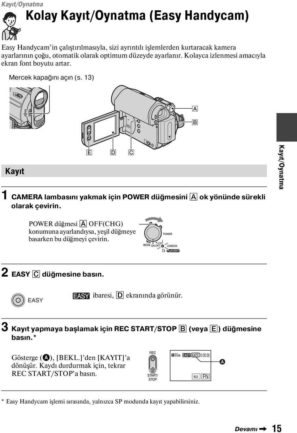 Kayıt/Oynatma POWER düğmesi A OFF(CHG) konumuna ayarlandıysa, yeşil düğmeye basarken bu düğmeyi çevirin. 2 EASY C düğmesine basın. EASY ibaresi, D ekranında görünür.