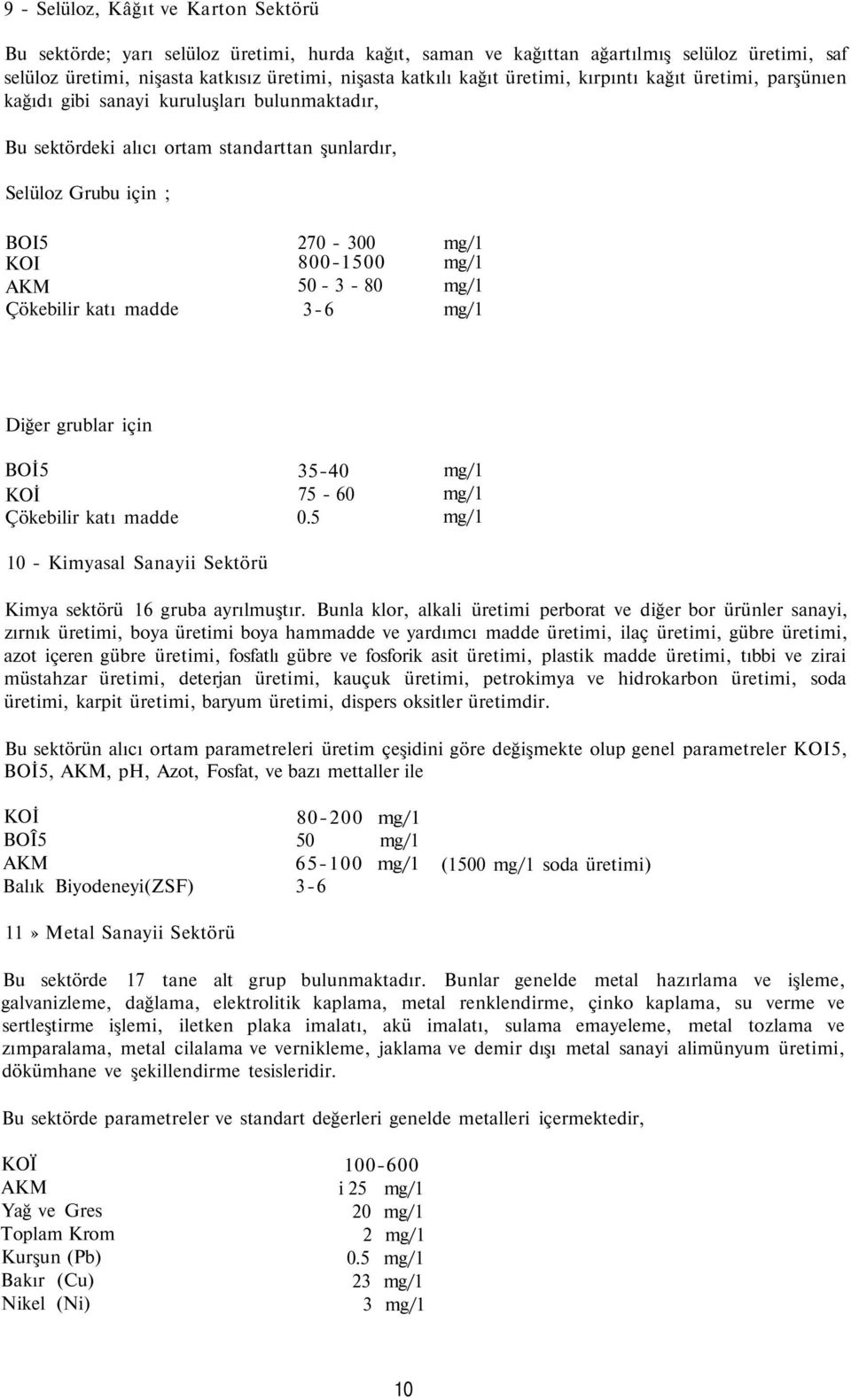 800-1500 50-3 - 80 3-6 Diğer grublar için BOİ5 Çökebilir katı madde 10 - Kimyasal Sanayii Sektörü 35-40 75-60 0.5 Kimya sektörü 16 gruba ayrılmuştır.