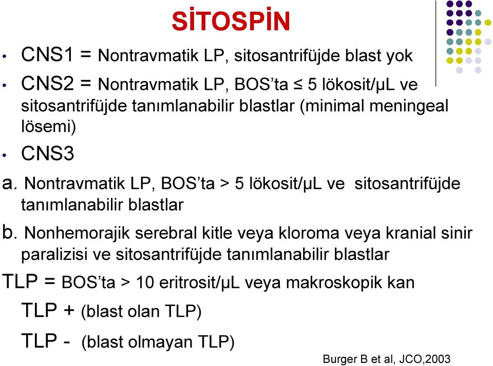 Nontravmatik LP, BOS ta > 5 lökosit/µl ve sitosantrifüjde tanımlanabilir blastlar b.