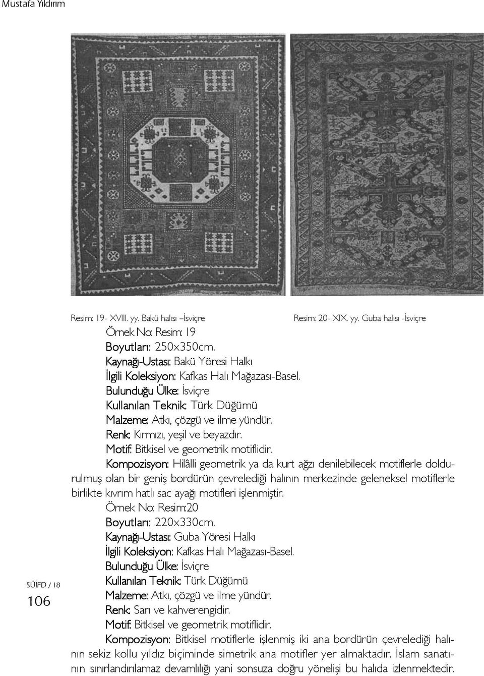 Kompozisyon: Hilâlli geometrik ya da kurt ağzı denilebilecek motiflerle doldurulmuş olan bir geniş bordürün çevrelediği halının merkezinde geleneksel motiflerle birlikte kıvrım hatlı sac ayağı