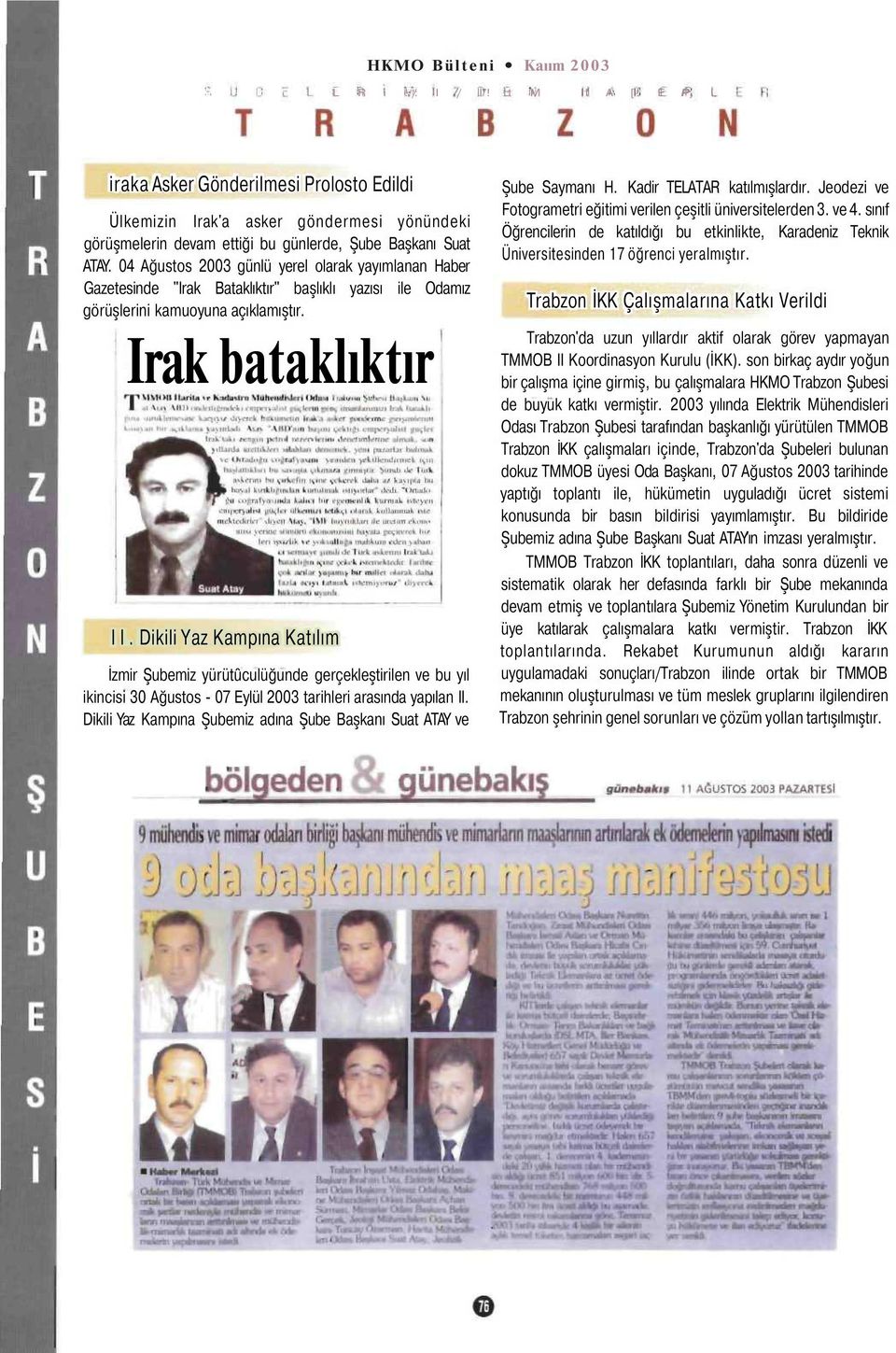 04 Ağustos 2003 günlü yerel olarak yayımlanan Haber Gazetesinde "Irak Bataklıktır" başlıklı yazısı ile Odamız görüşlerini kamuoyuna açıklamıştır. Irak bataklıktır I I.