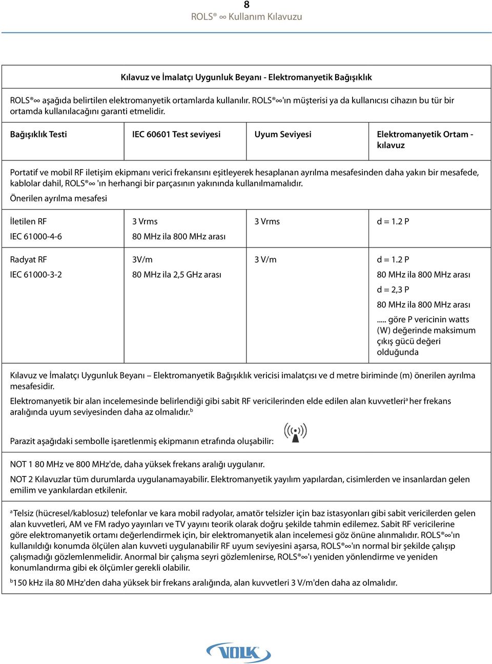 Bağışıklık Testi IEC 60601 Test seviyesi Uyum Seviyesi Elektromanyetik Ortam - kılavuz Portatif ve mobil RF iletişim ekipmanı verici frekansını eşitleyerek hesaplanan ayrılma mesafesinden daha yakın