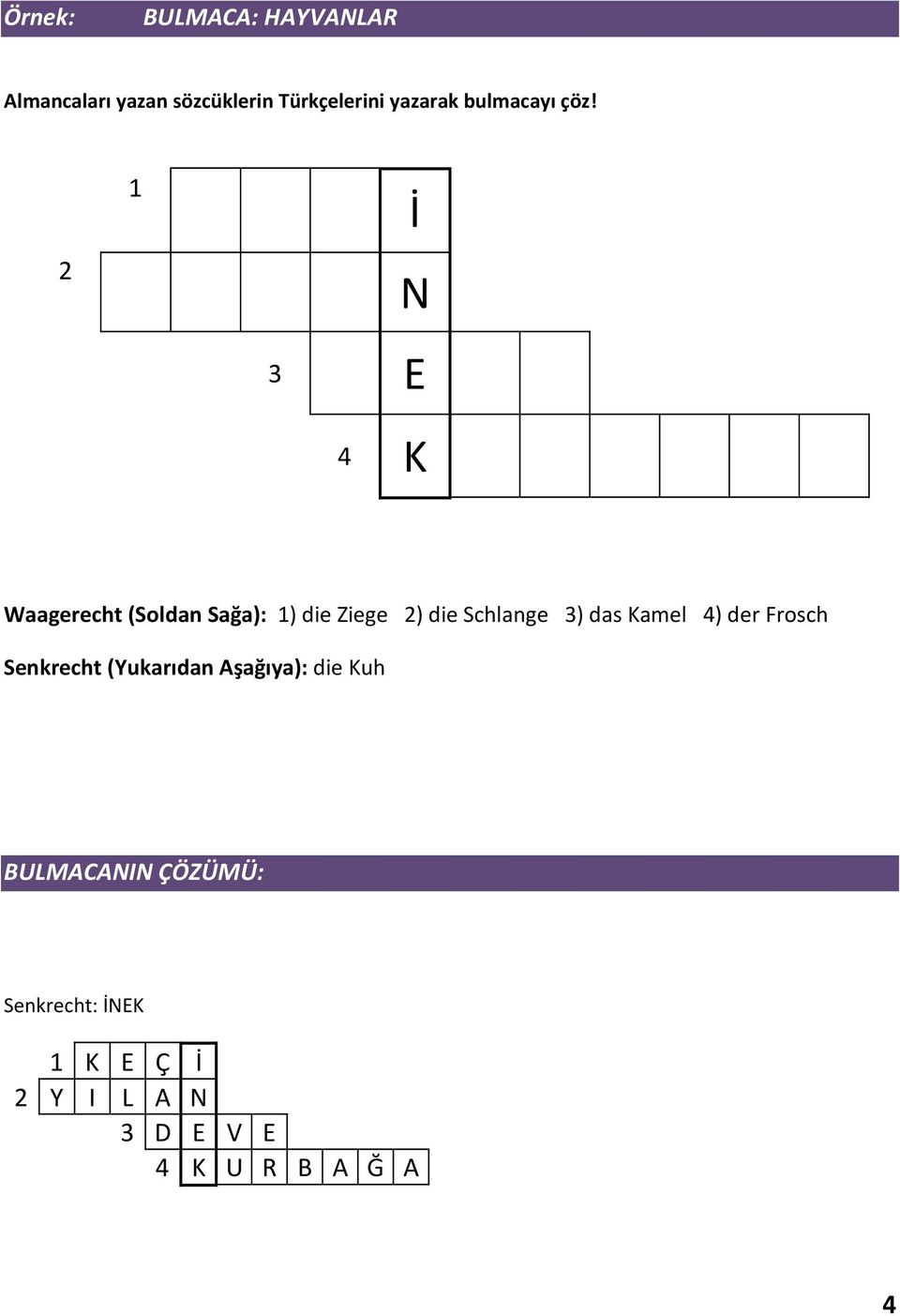 2 1 İ N 3 E 4 K Waagerecht (Soldan Sağa): 1) die Ziege 2) die Schlange 3) das