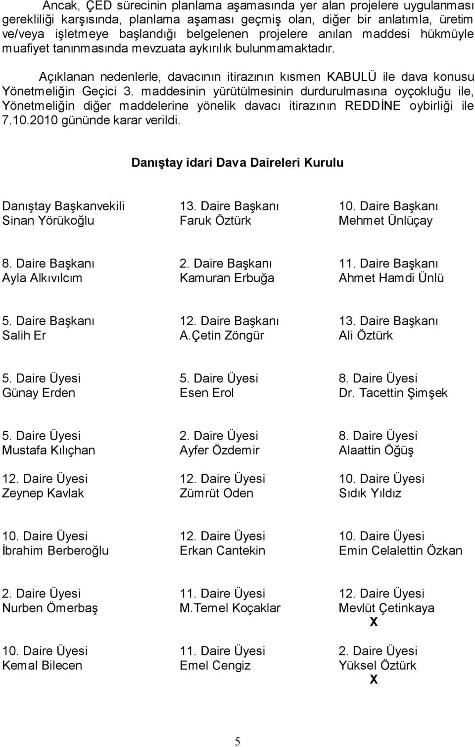 maddesinin yürütülmesinin durdurulmasına oyçokluğu ile, Yönetmeliğin diğer maddelerine yönelik davacı itirazının REDDİNE oybirliği ile 7.10.2010 gününde karar verildi.