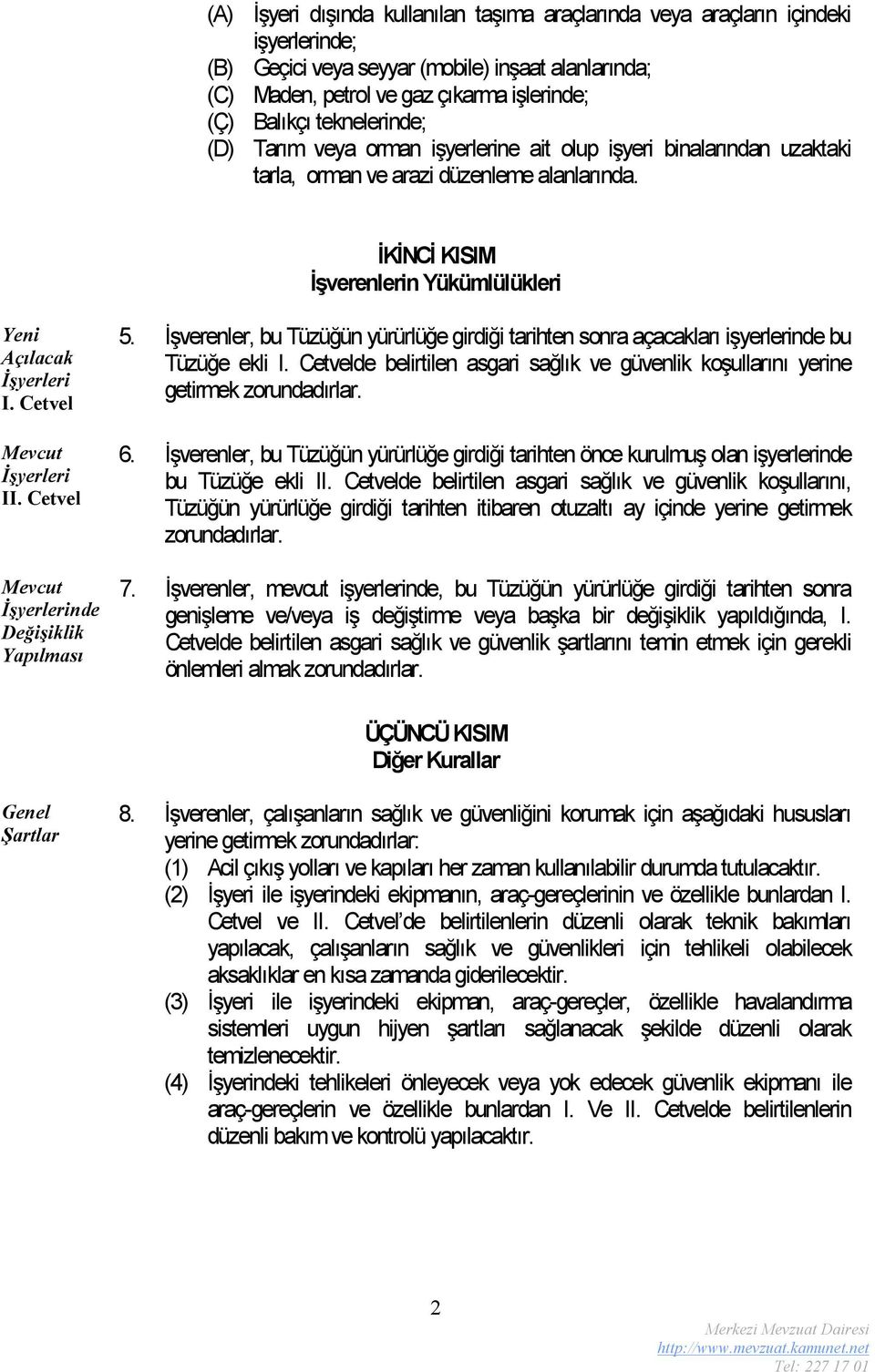 Cetvel Mevcut İşyerleri II. Cetvel Mevcut İşyerlerinde Değişiklik Yapılması 5. İşverenler, bu Tüzüğün yürürlüğe girdiği tarihten sonra açacakları işyerlerinde bu Tüzüğe ekli I.