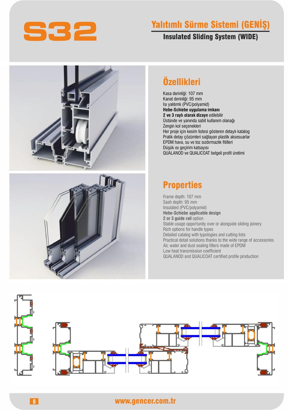 depth: 107 mm Sash depth: 95 mm Insulated (PVC/polyamid) Hebe-Schiebe applicable design 2 or 3 guide rail option Stable usage opportunity over or alongside sliding joinery Rich options for handle