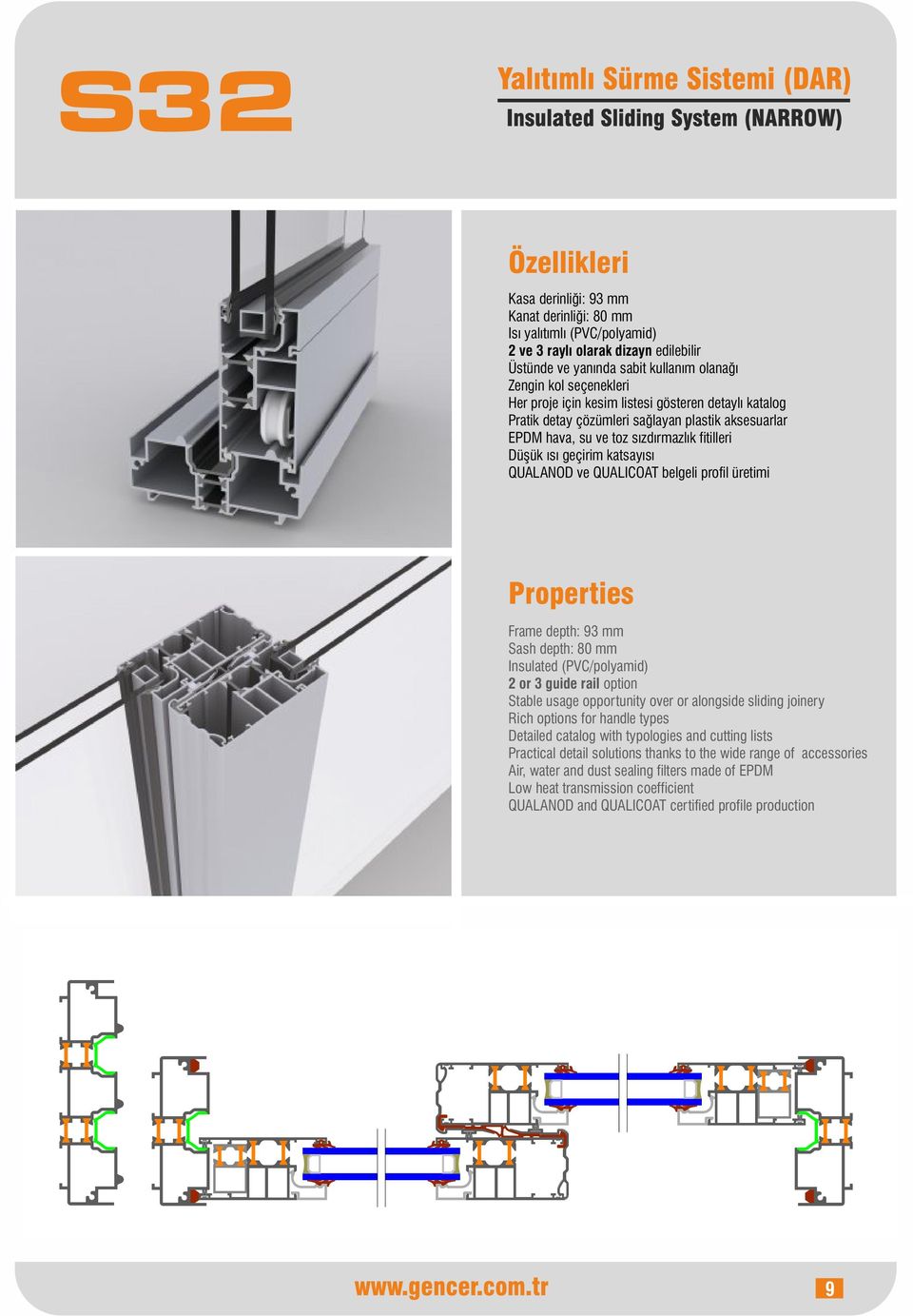 depth: 93 mm Sash depth: 80 mm Insulated (PVC/polyamid) 2 or 3 guide rail option Stable usage opportunity over or alongside sliding joinery Rich options for handle types Detailed