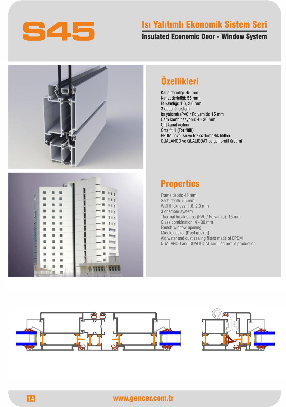 fitili) EPDM hava, su ve toz sızdırmazlık fitilleri Frame depth: 45 mm Sash depth: 55 mm Wall thickness: 1.6, 2.