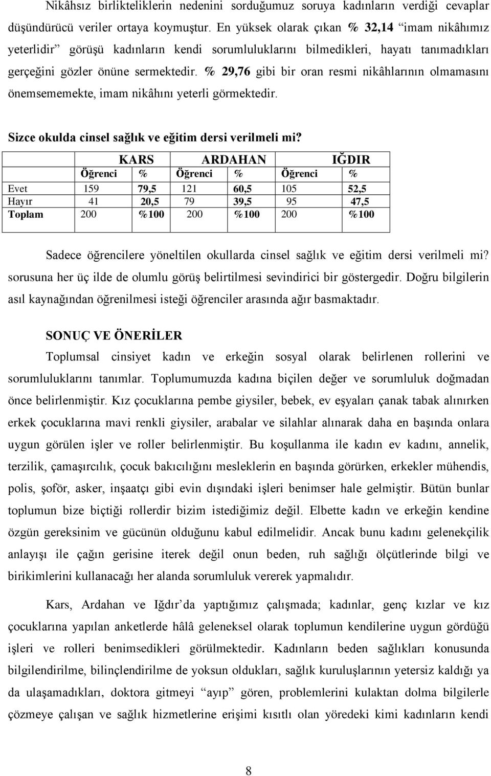 % 29,76 gibi bir oran resmi nikâhlarının olmamasını önemsememekte, imam nikâhını yeterli görmektedir. Sizce okulda cinsel sağlık ve eğitim dersi verilmeli mi?