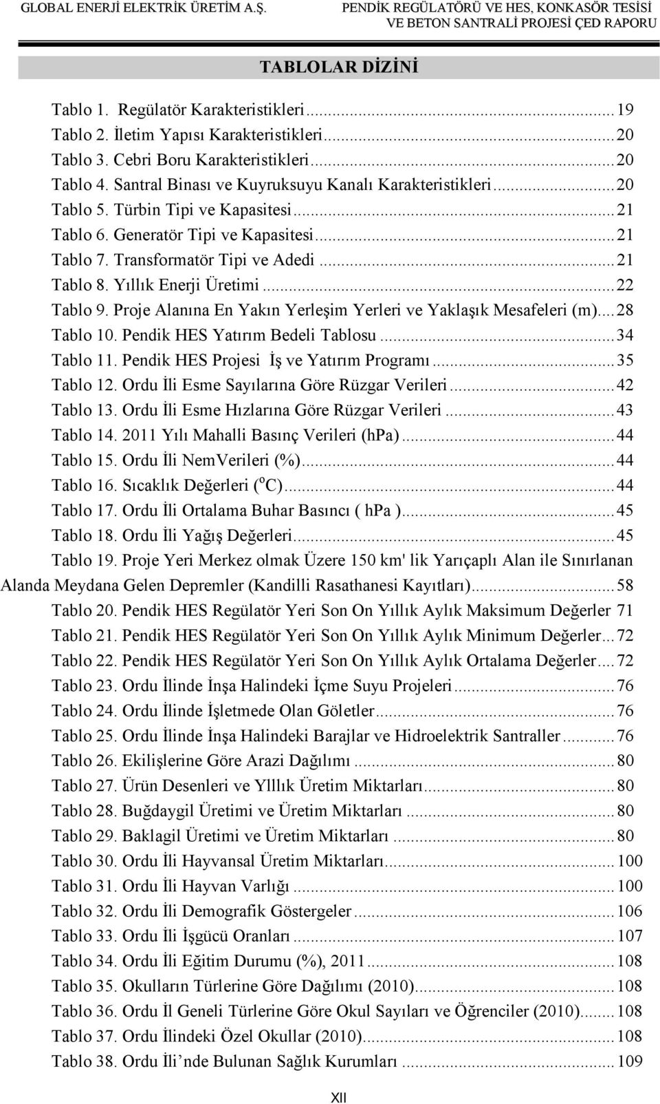 Yıllık Enerji Üretimi...22 Tablo 9. Proje Alanına En Yakın Yerleşim Yerleri ve Yaklaşık Mesafeleri (m)...28 Tablo 10. Pendik HES Yatırım Bedeli Tablosu...34 Tablo 11.