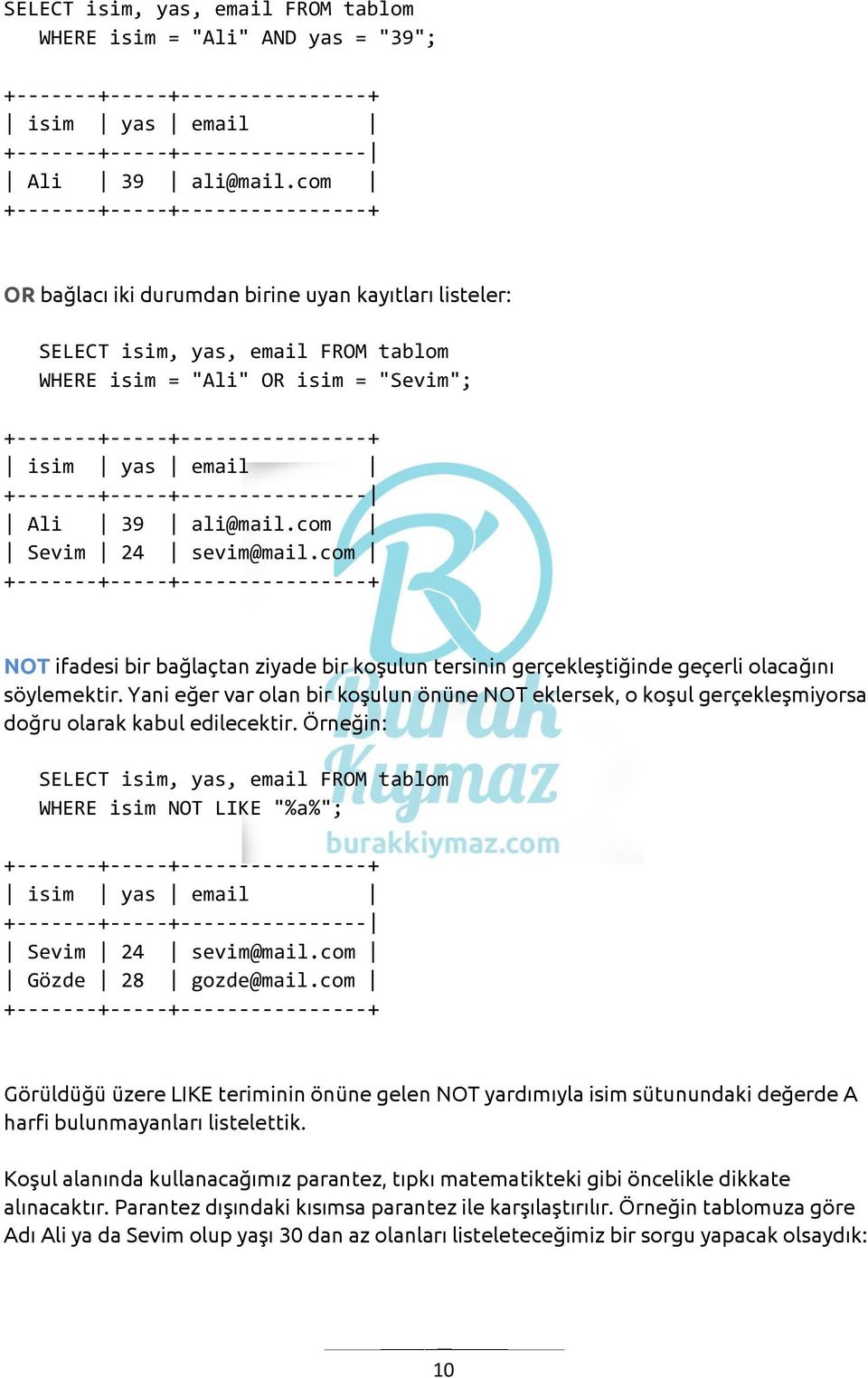 com Sevim 24 sevim@mail.com NOT ifadesi bir bağlaçtan ziyade bir koşulun tersinin gerçekleştiğinde geçerli olacağını söylemektir.