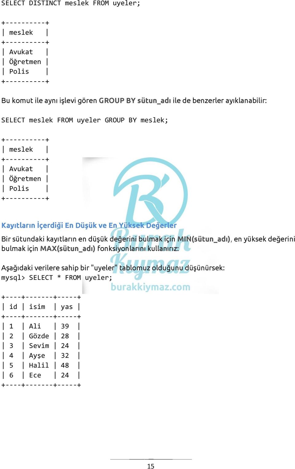 ve En Yüksek Değerler Bir sütundaki kayıtların en düşük değerini bulmak için MIN(sütun_adı), en yüksek değerini bulmak için MAX(sütun_adı) fonksiyonlarını kullanırız: