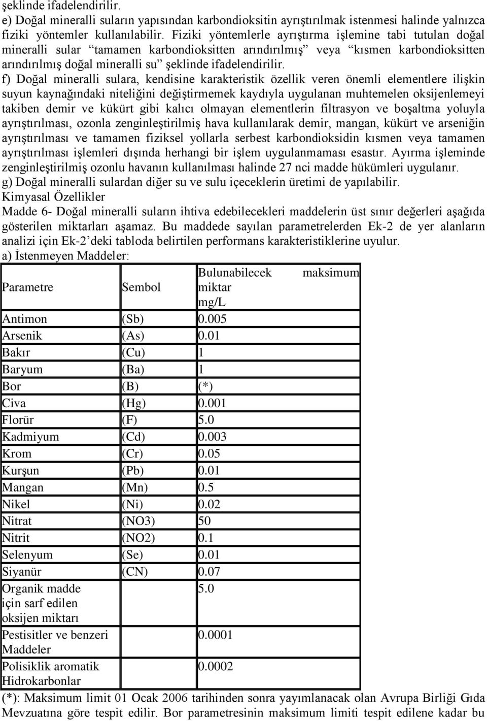 f) Doğal mineralli sulara, kendisine karakteristik özellik veren önemli elementlere iliģkin suyun kaynağındaki niteliğini değiģtirmemek kaydıyla uygulanan muhtemelen oksijenlemeyi takiben demir ve