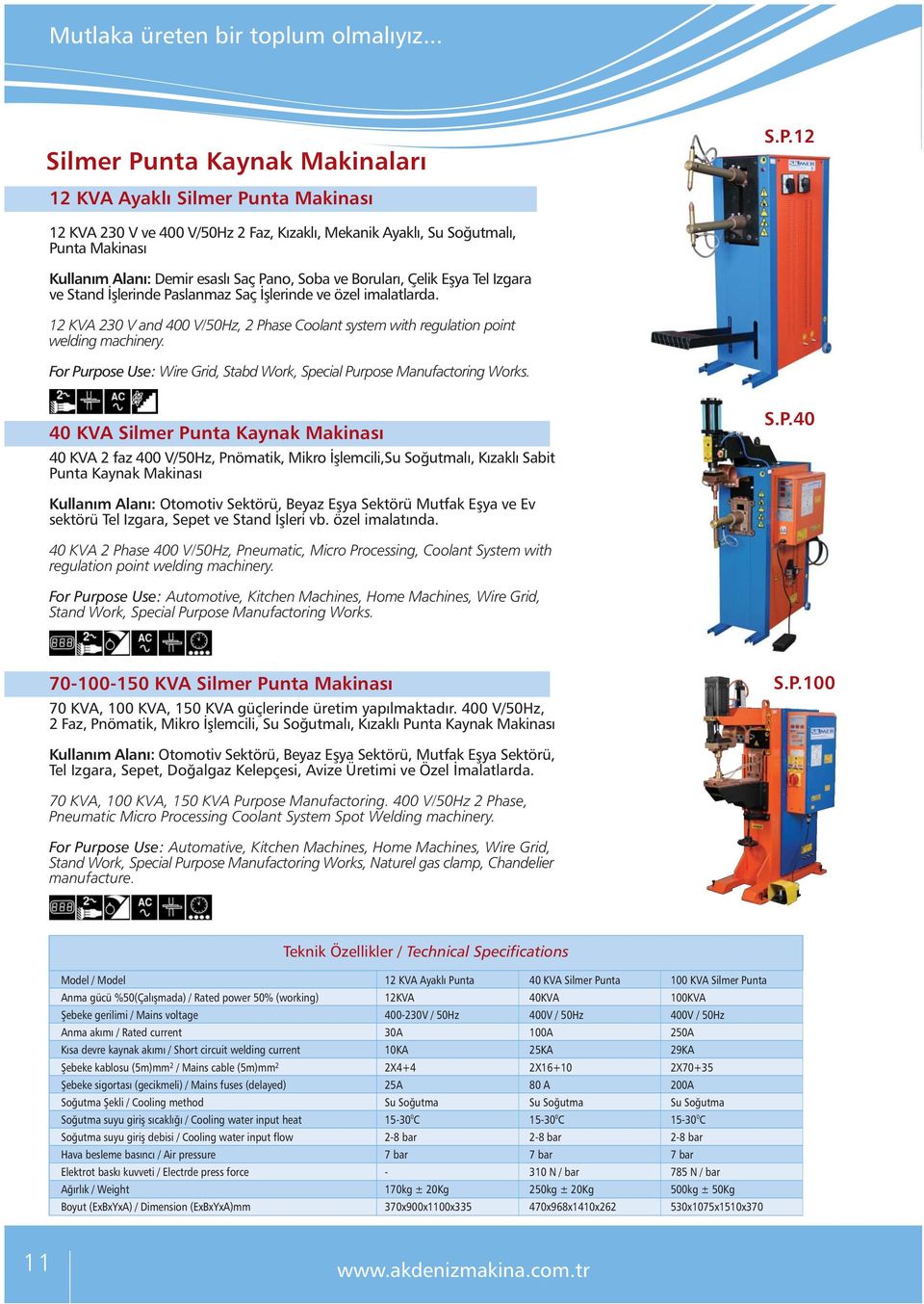 12 12 KVA Ayaklý nta Makinasý 12 KVA 230 V ve 400 V/50Hz 2 Faz, Kýzaklý, Mekanik Ayaklý, lý, Punta Makinasý Kullaným Alaný: Demir esaslý Saç Pano, Soba ve Borularý, Çelik Eþya Tel Izgara ve Stand