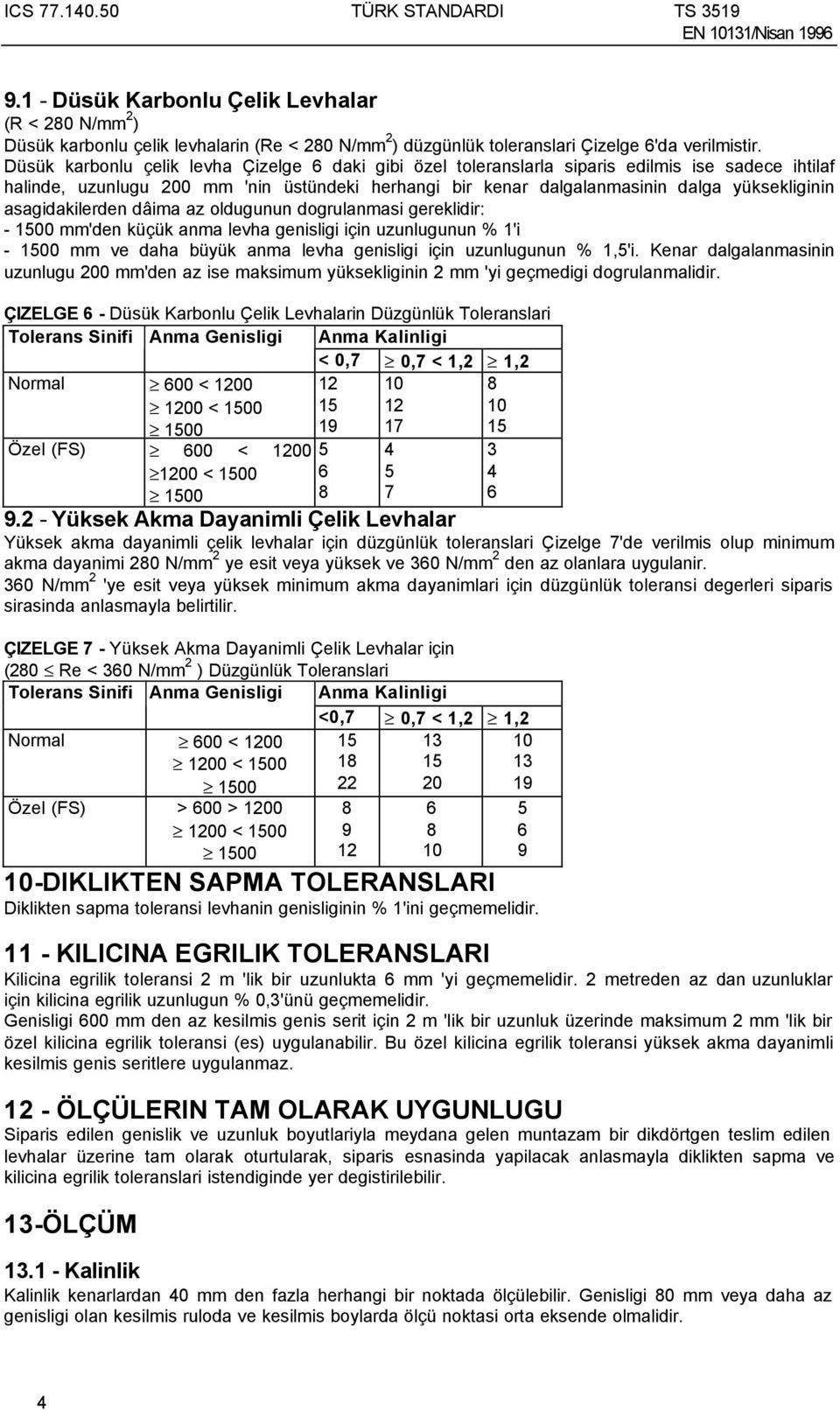 Düsük karbonlu çelik levha Çizelge daki gibi özel toleranslarla siparis edilmis ise sadece ihtilaf halinde, uzunlugu 2 mm 'nin üstündeki herhangi bir kenar dalgalanmasinin dalga yüksekliginin