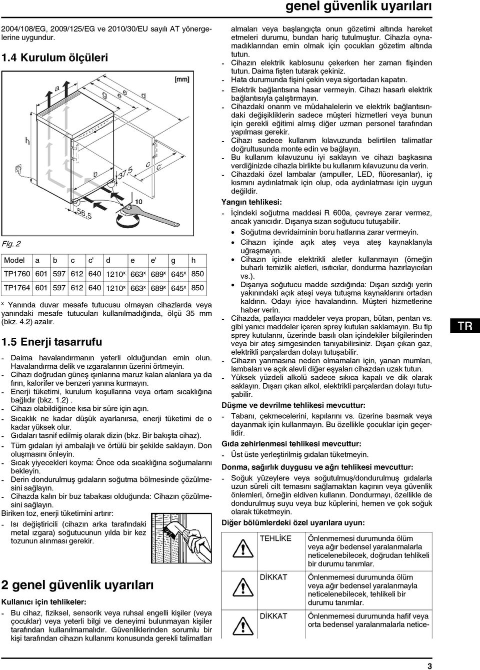 mesafe tutucuları kullanılmadığında, ölçü 35 mm (bkz. 4.2) azalır. 1.5 Enerji tasarrufu - Daima havalandırmanın yeterli olduğundan emin olun. Havalandırma delik ve ızgaralarının üzerini örtmeyin.