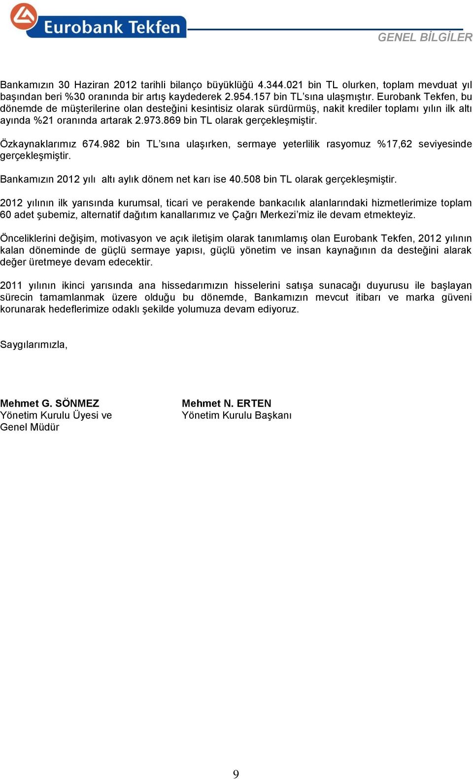 Özkaynaklarımız 674.982 bin TL sına ulaşırken, sermaye yeterlilik rasyomuz %17,62 seviyesinde gerçekleşmiştir. Bankamızın 2012 yılı altı aylık dönem net karı ise 40.508 bin TL olarak gerçekleşmiştir.