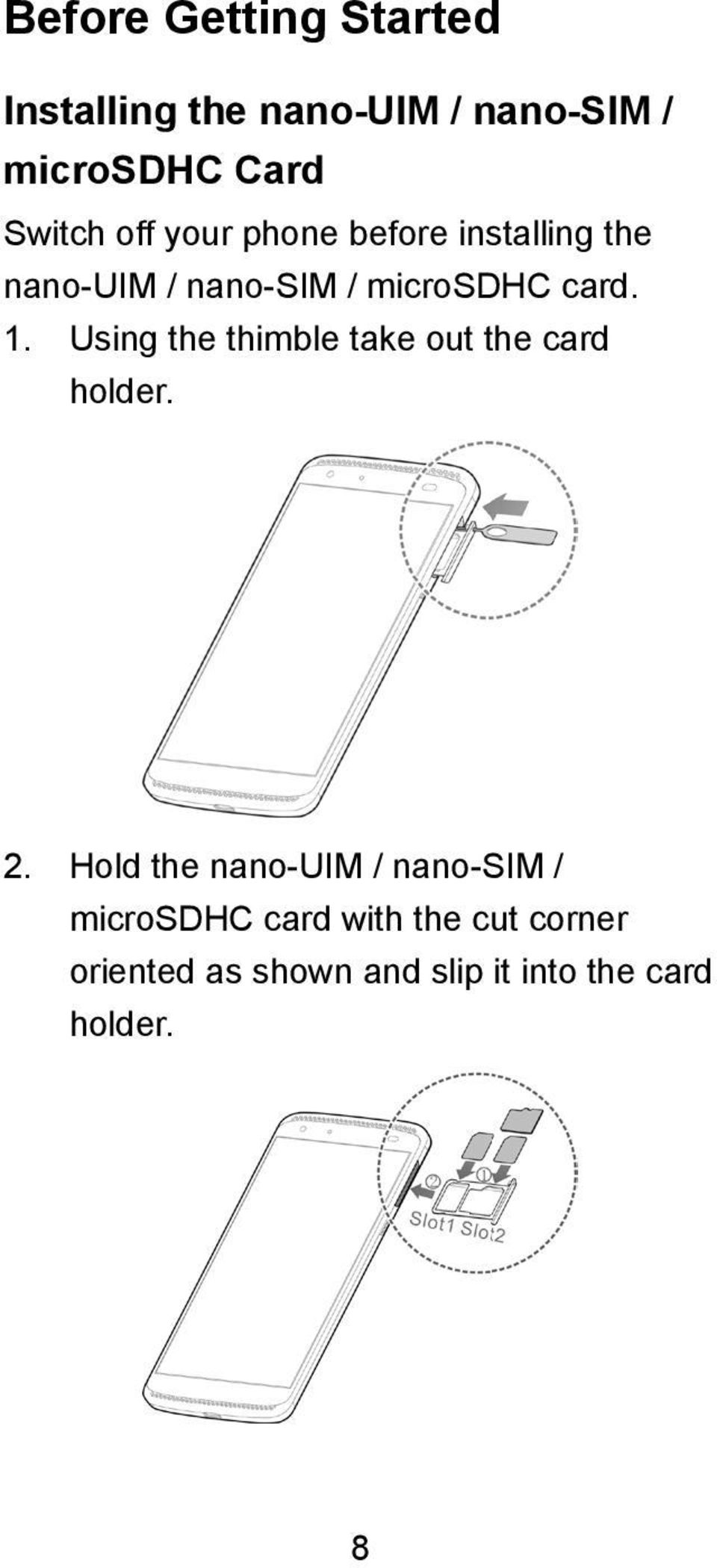 Using the thimble take out the card holder. 2.