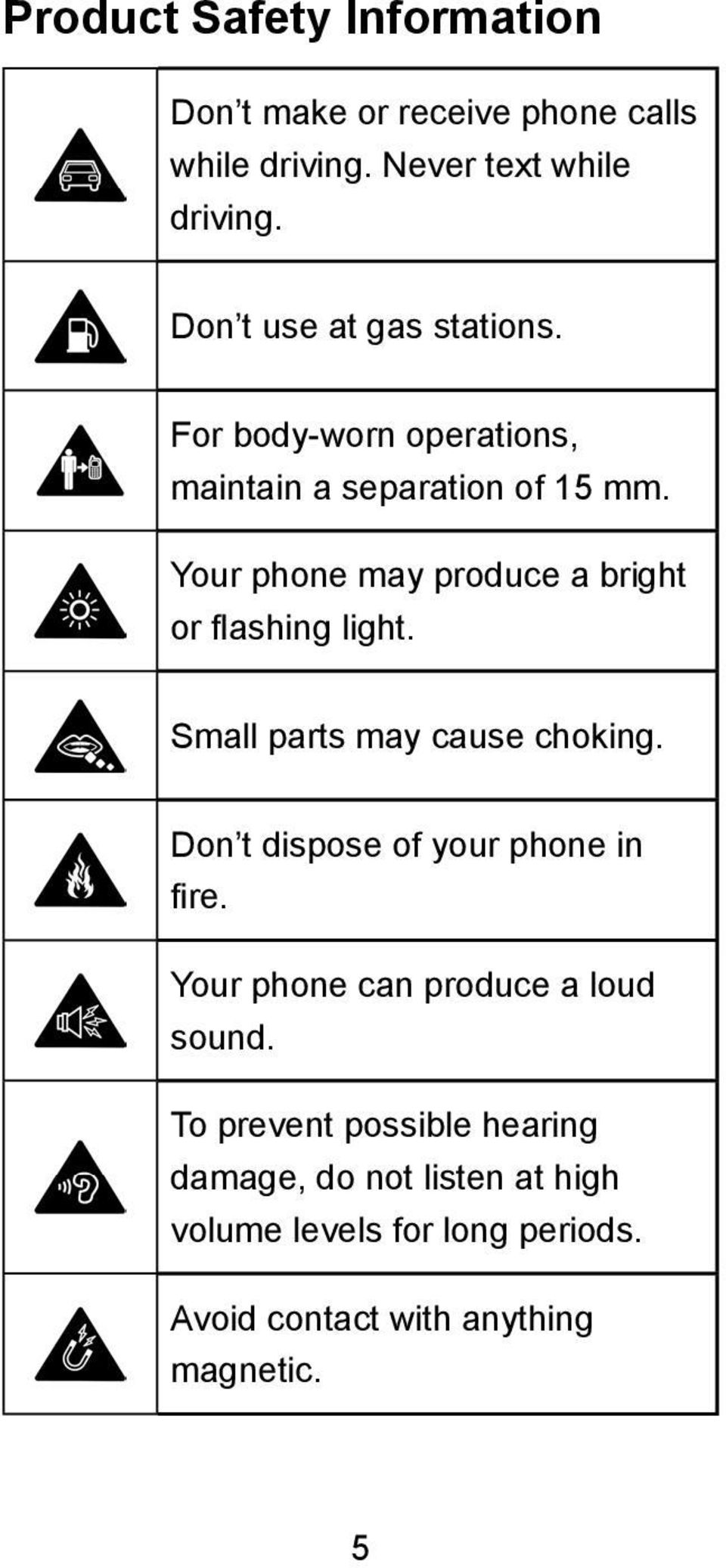 Your phone may produce a bright or flashing light. Small parts may cause choking. Don t dispose of your phone in fire.