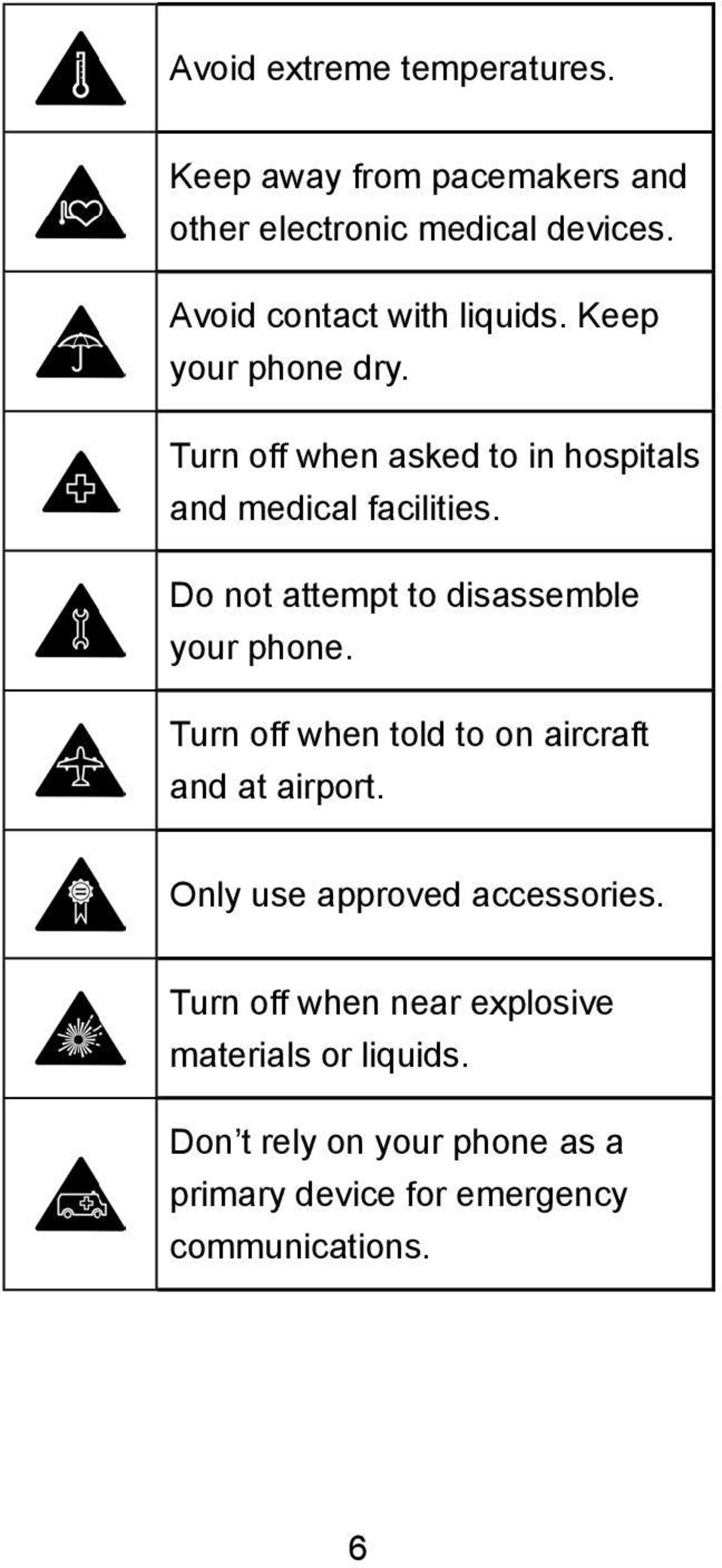 Do not attempt to disassemble your phone. Turn off when told to on aircraft and at airport.