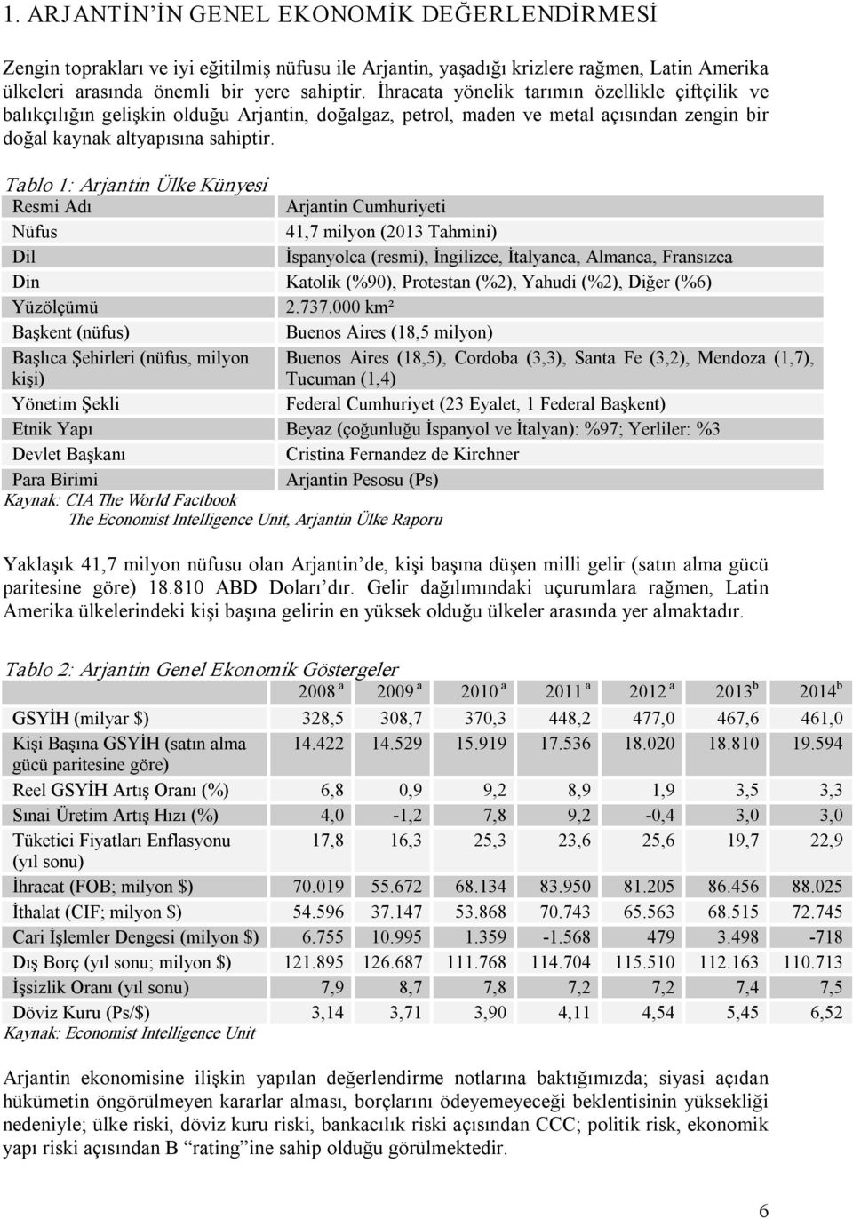 Tablo 1: Arjantin Ülke Künyesi Resmi Adı Arjantin Cumhuriyeti Nüfus 41,7 milyon (2013 Tahmini) Dil İspanyolca (resmi), İngilizce, İtalyanca, Almanca, Fransızca Din Katolik (%90), Protestan (%2),