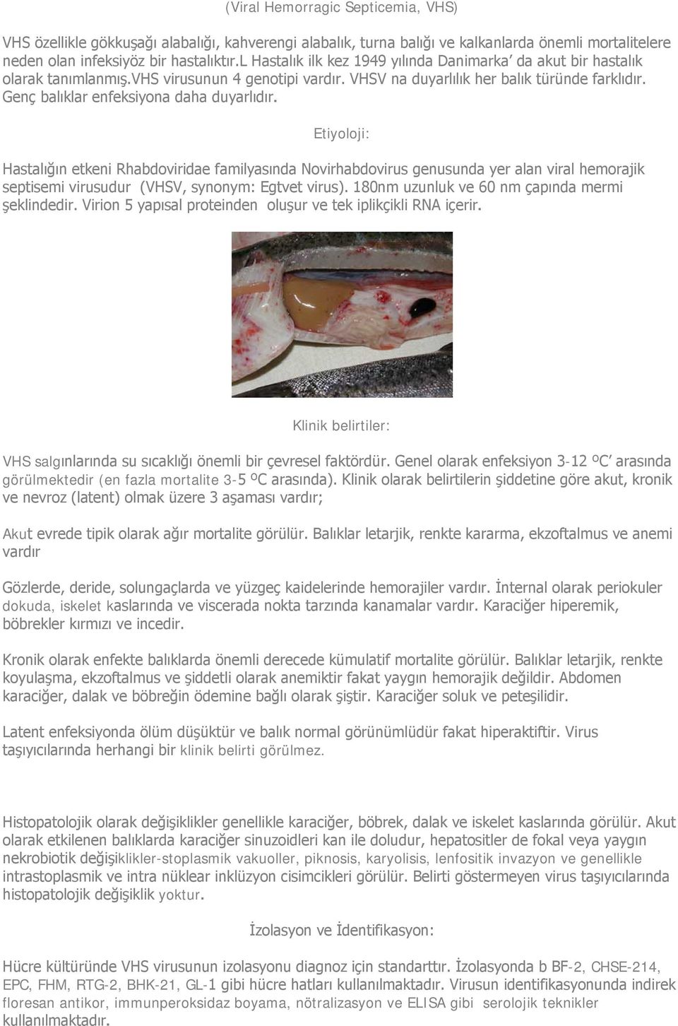 Genç balıklar enfeksiyona daha duyarlıdır. Etiyoloji: Hastalığın etkeni Rhabdoviridae familyasında Novirhabdovirus genusunda yer alan viral hemorajik septisemi virusudur (VHSV, synonym: Egtvet virus).