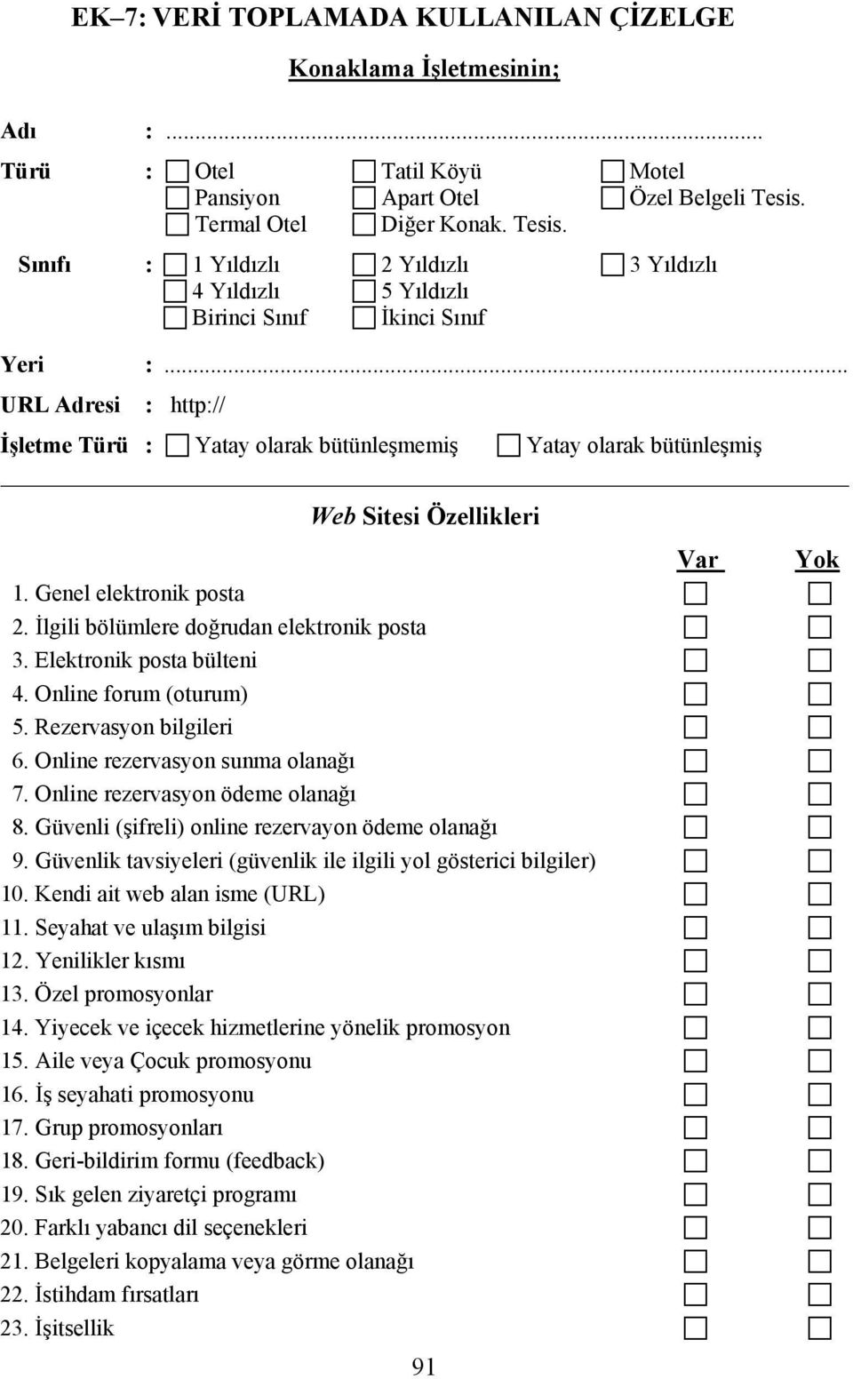 .. URL Adresi : http:// İşletme Türü : Yatay olarak bütünleşmemiş Yatay olarak bütünleşmiş Web Sitesi Özellikleri Var Yok 1. Genel elektronik posta 2. İlgili bölümlere doğrudan elektronik posta 3.