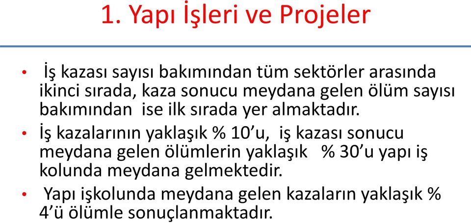 İş kazalarının yaklaşık % 10 u, iş kazası sonucu meydana gelen ölümlerin yaklaşık % 30 u yapı iş