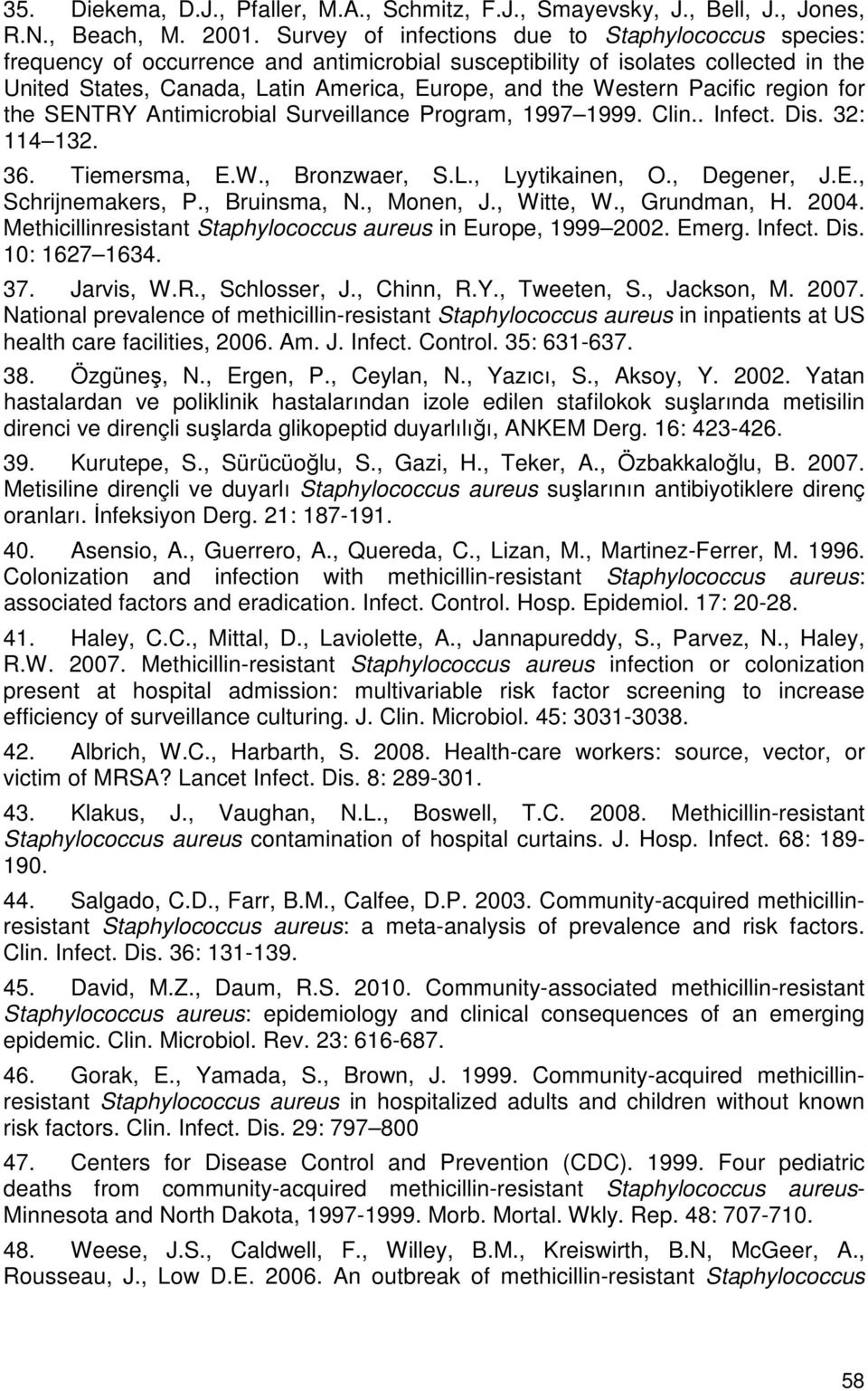 Pacific region for the SENTRY Antimicrobial Surveillance Program, 1997 1999. Clin.. Infect. Dis. 32: 114 132. 36. Tiemersma, E.W., Bronzwaer, S.L., Lyytikainen, O., Degener, J.E., Schrijnemakers, P.