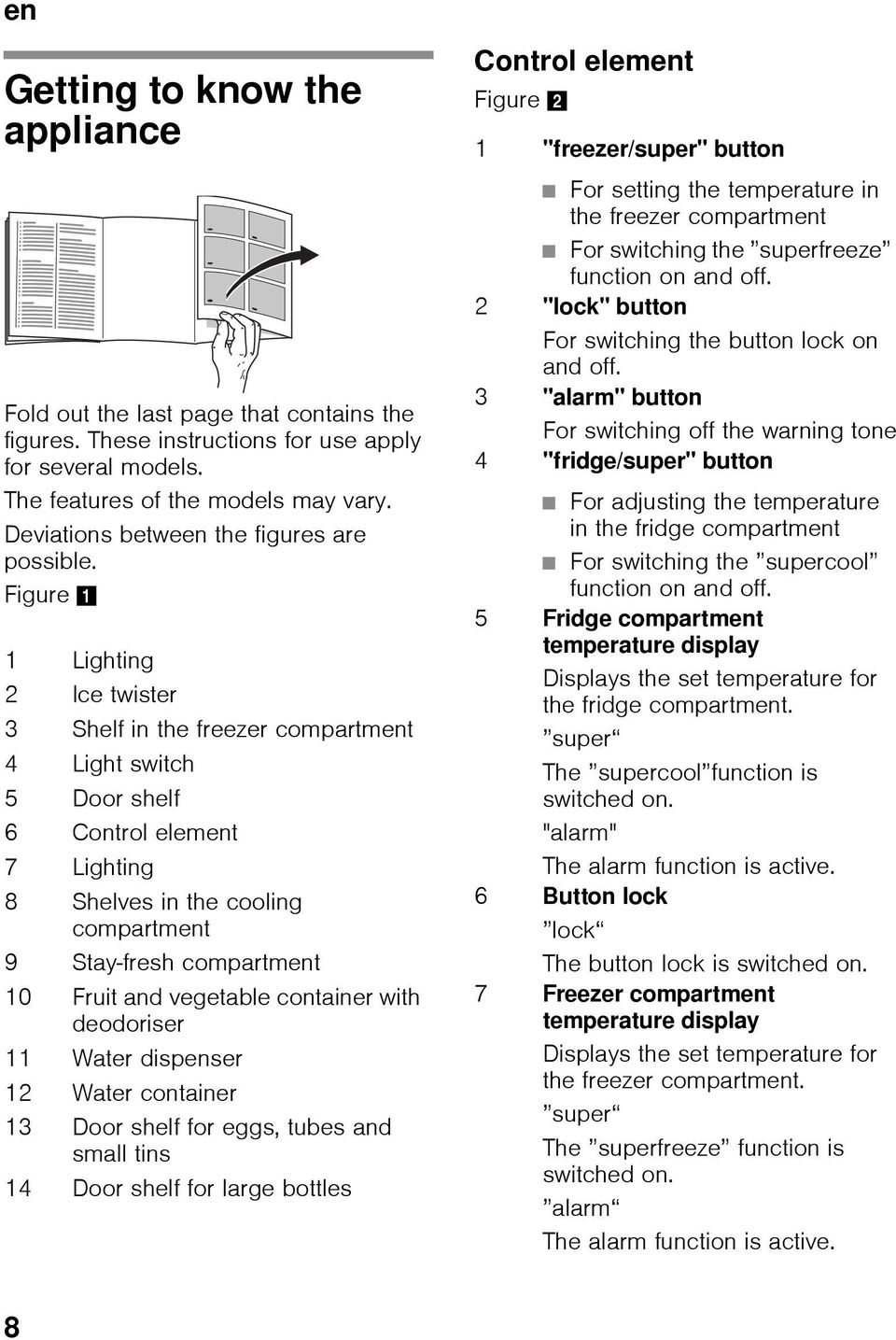 1 Lighting 2 Ice twister 3 Shelf in the freezer compartment 4 Light switch 5 Door shelf 6 Control element 7 Lighting 8 Shelves in the cooling compartment 9 Stay-fresh compartment 10 Fruit and