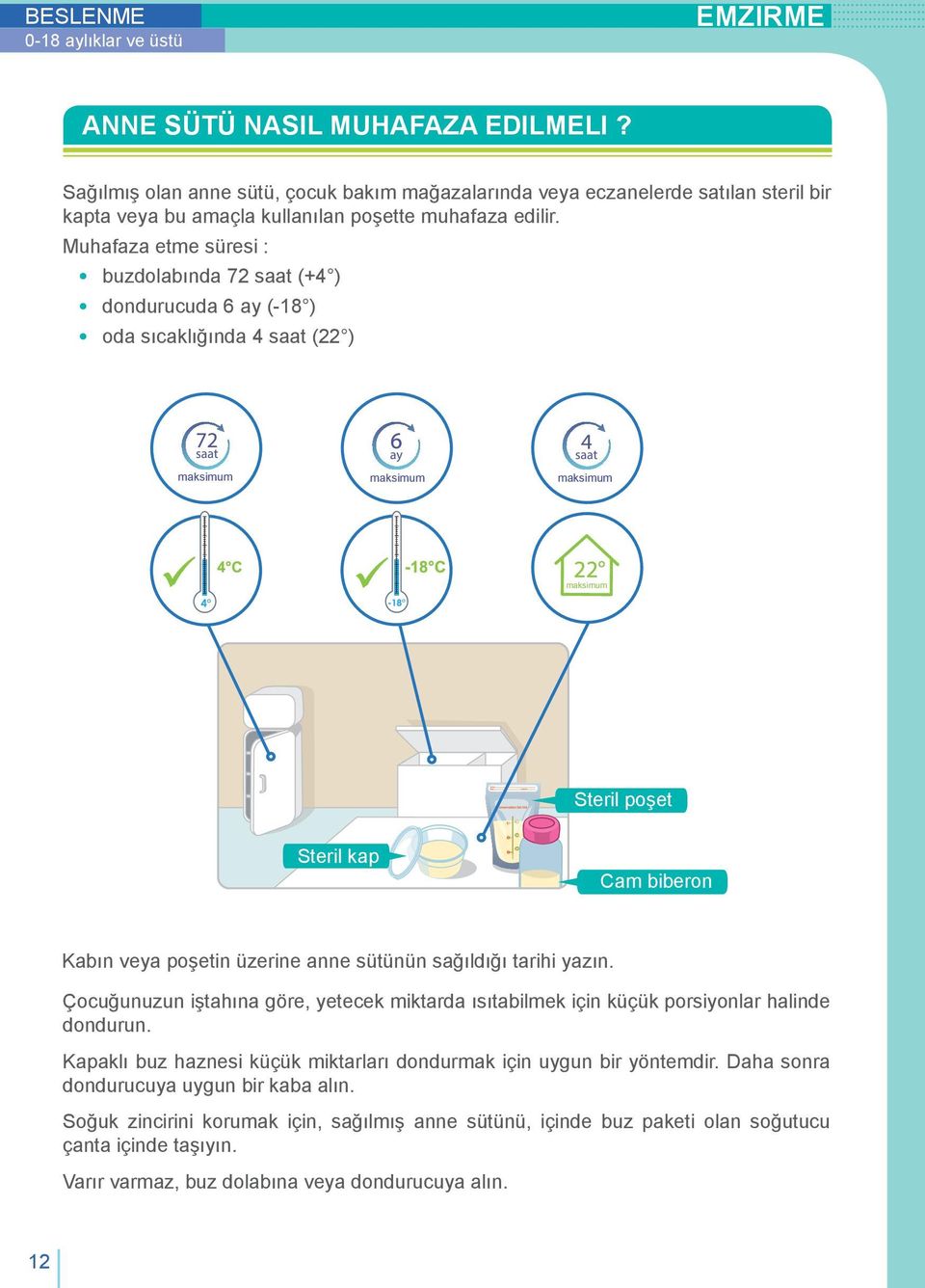 veya poşetin üzerine anne sütünün sağıldığı tarihi yazın. Çocuğunuzun iştahına göre, yetecek miktarda ısıtabilmek için küçük porsiyonlar halinde dondurun.