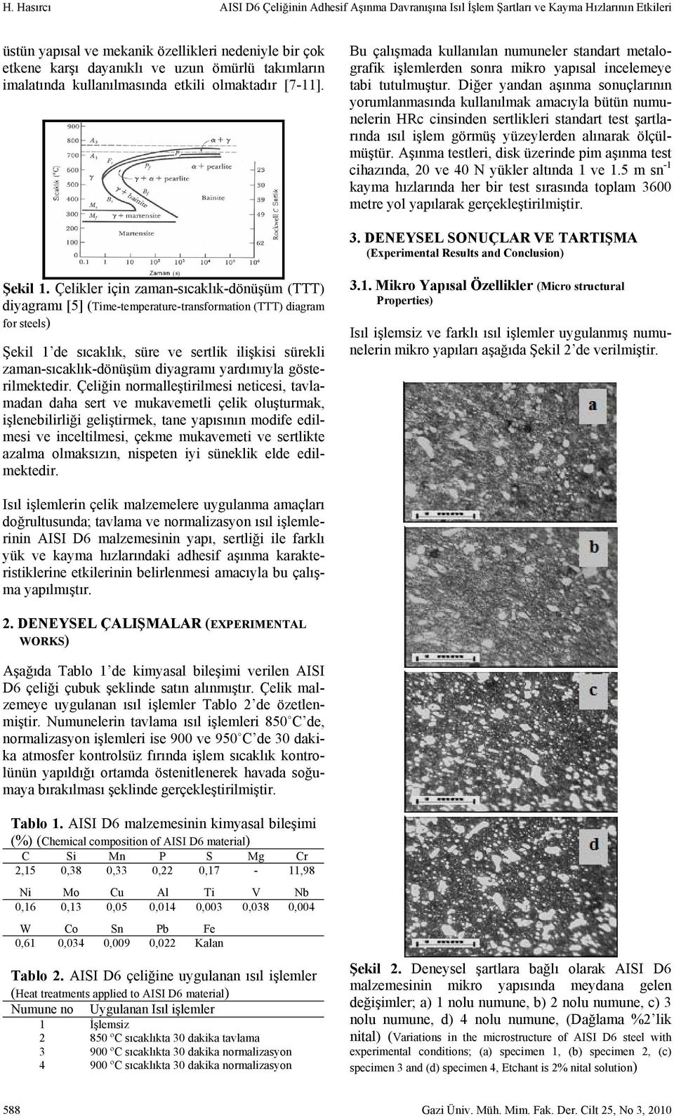 Diğer yandan aşınma sonuçlarının yorumlanmasında kullanılmak amacıyla bütün numunelerin HRc cinsinden sertlikleri standart test şartlarında ısıl işlem görmüş yüzeylerden alınarak ölçülmüştür.